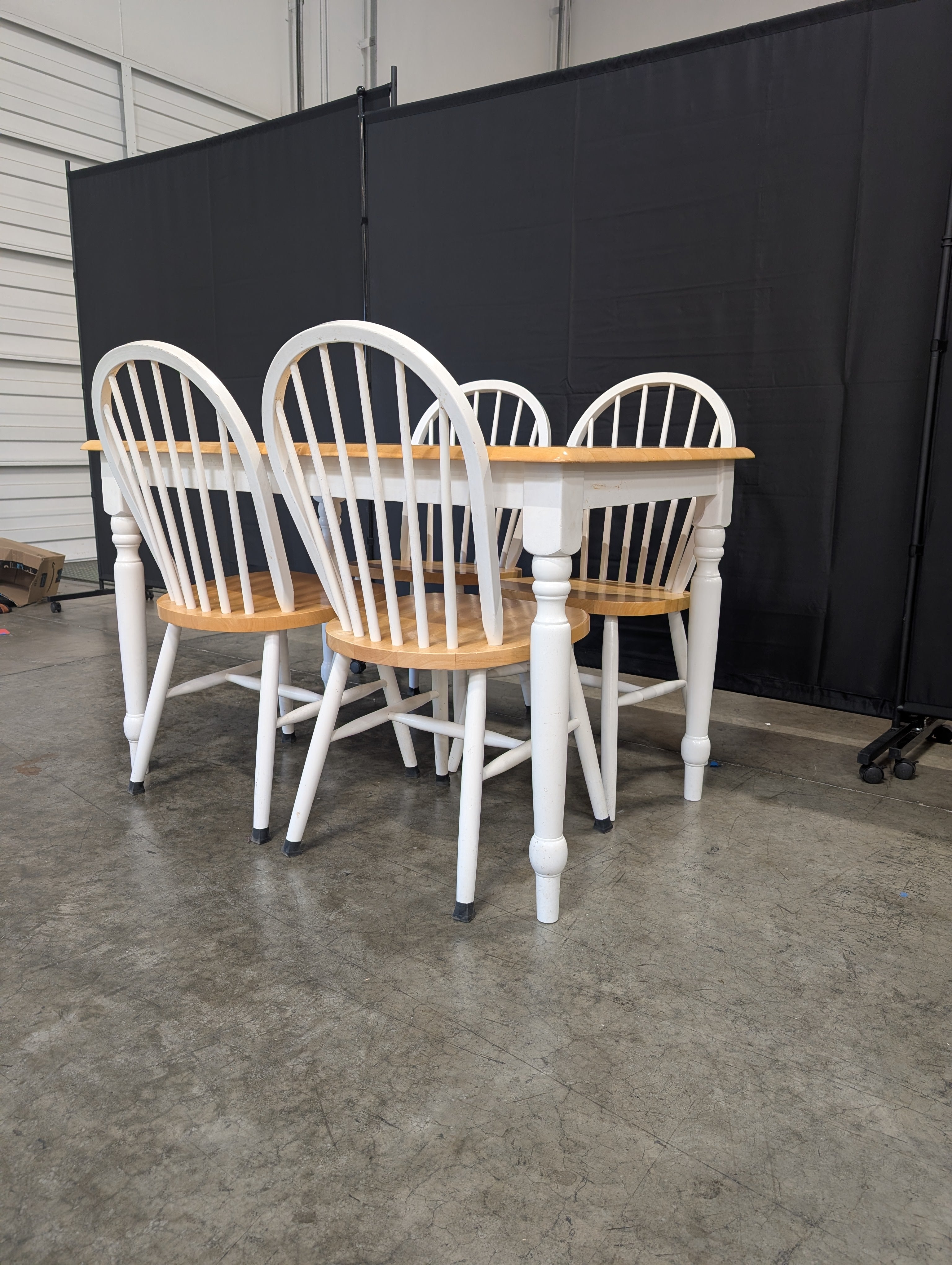 Set of Four Wooden Dining Chairs & Butcher Block Style Dining Table with White Legs