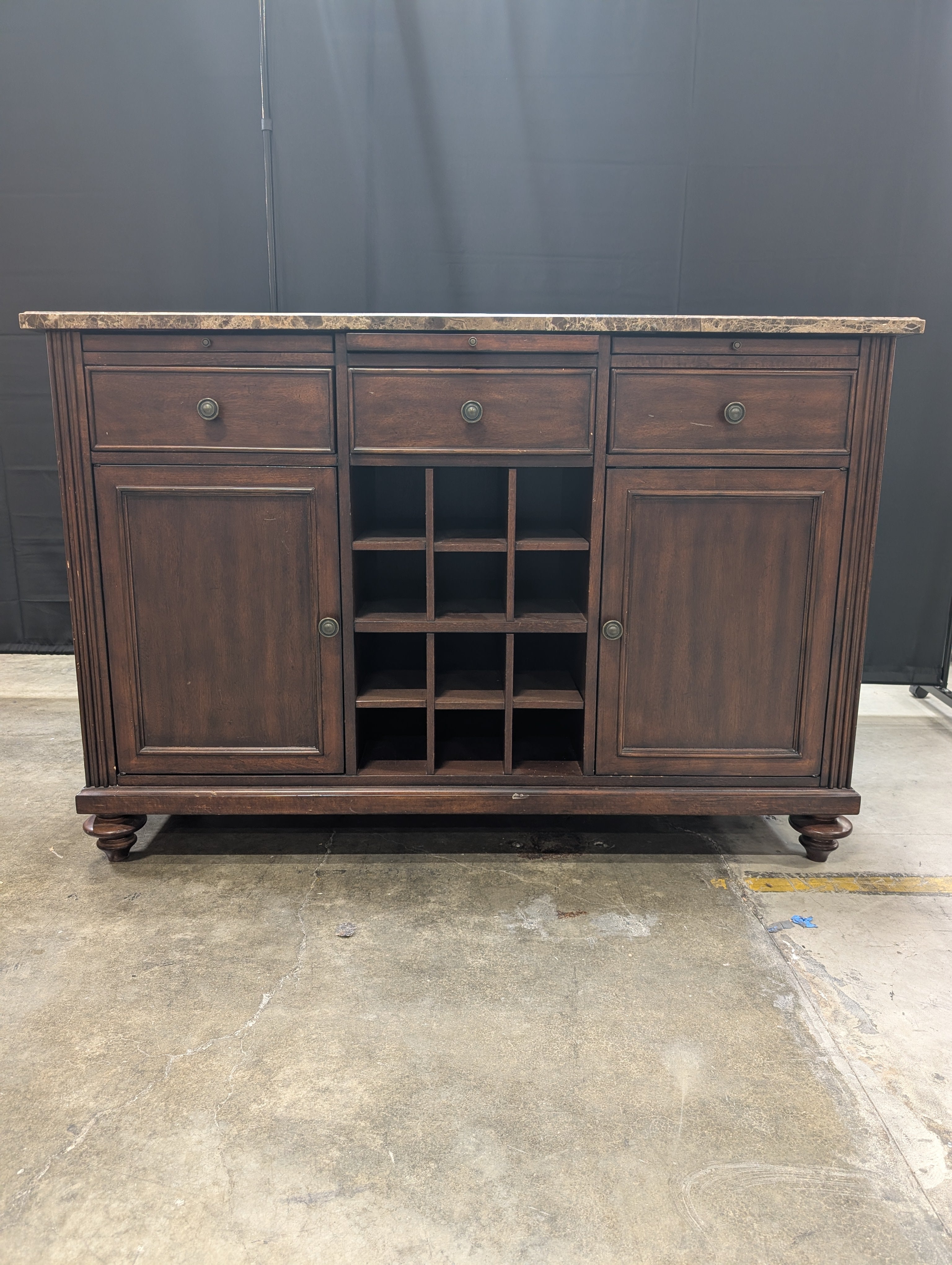 Dark Wood FLEXSTEEL Buffet Cabinet with Stone Top and Wine Storage