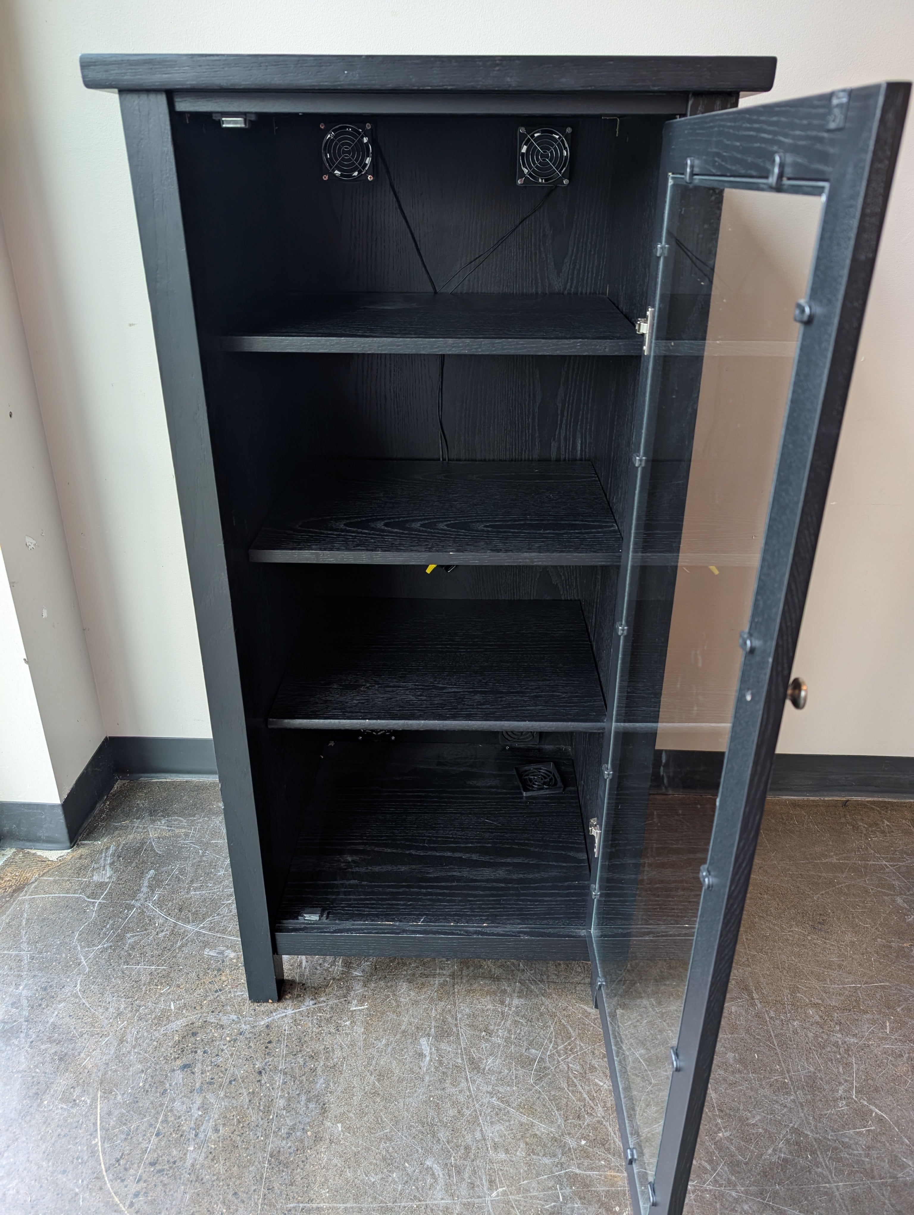 Functional Dark Wood Speaker Storage Cabinet with Glass Door