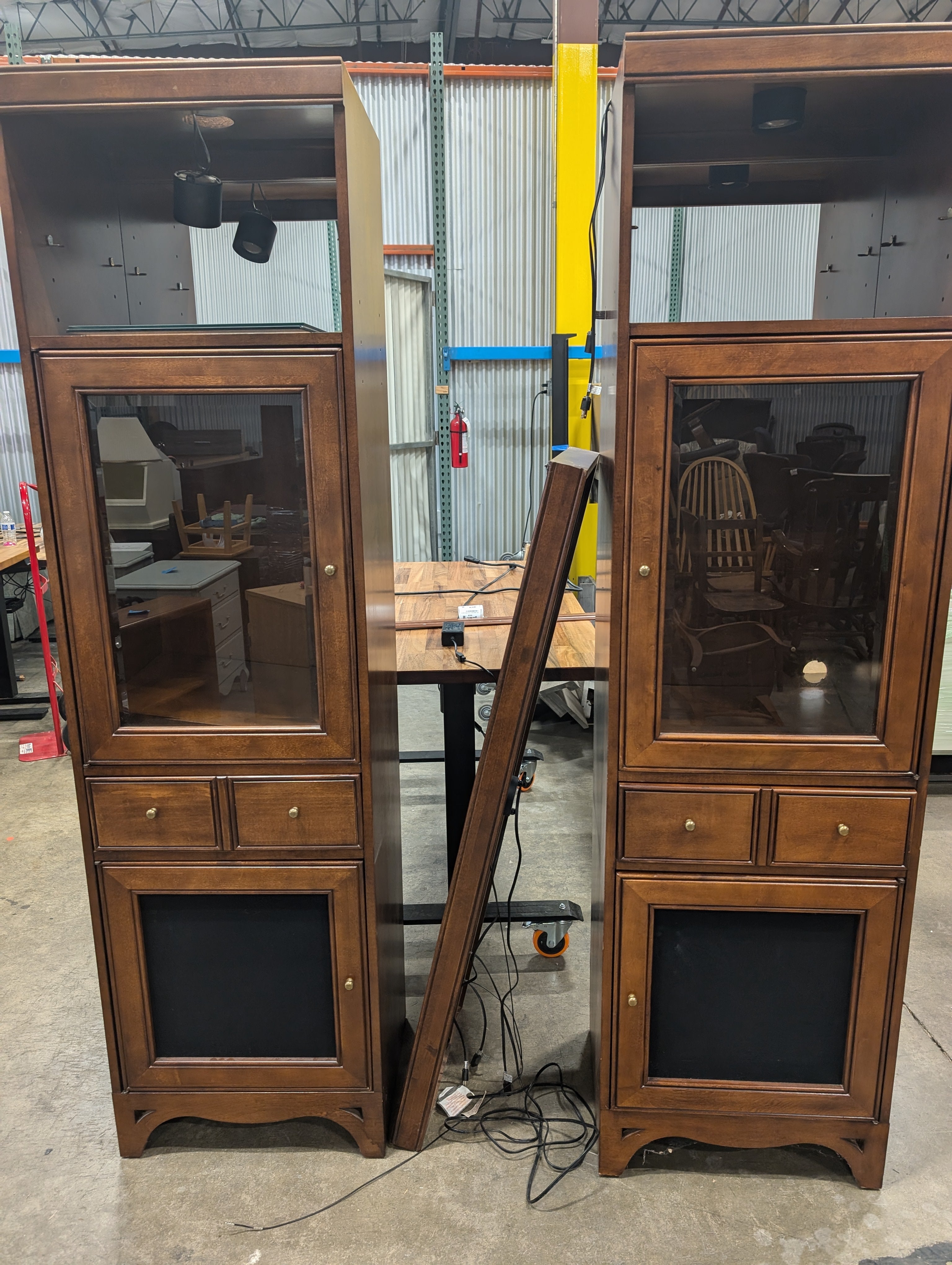 Warehouse sale--Sturdy Brown Wood Display Cabinet with Glass Doors and Storage