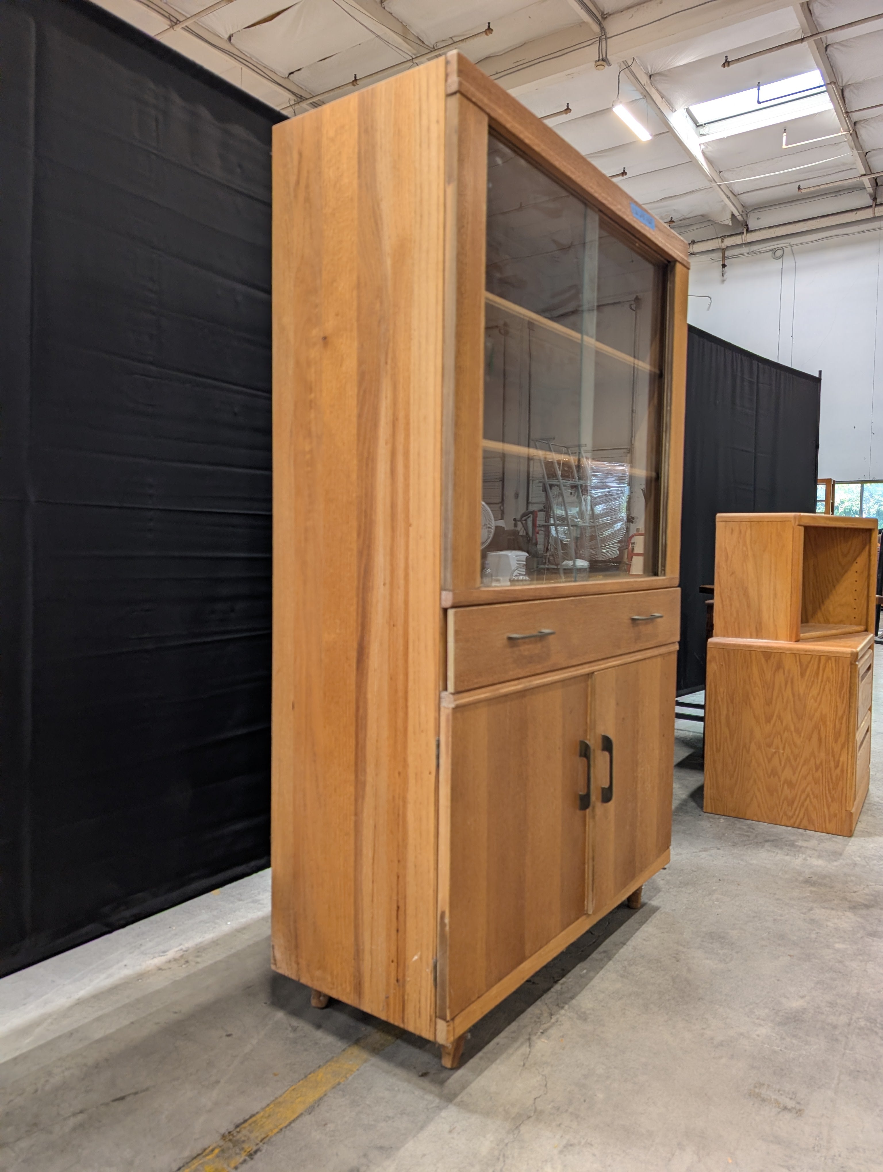 Vintage Oak China Cabinet with Sliding Glass Doors