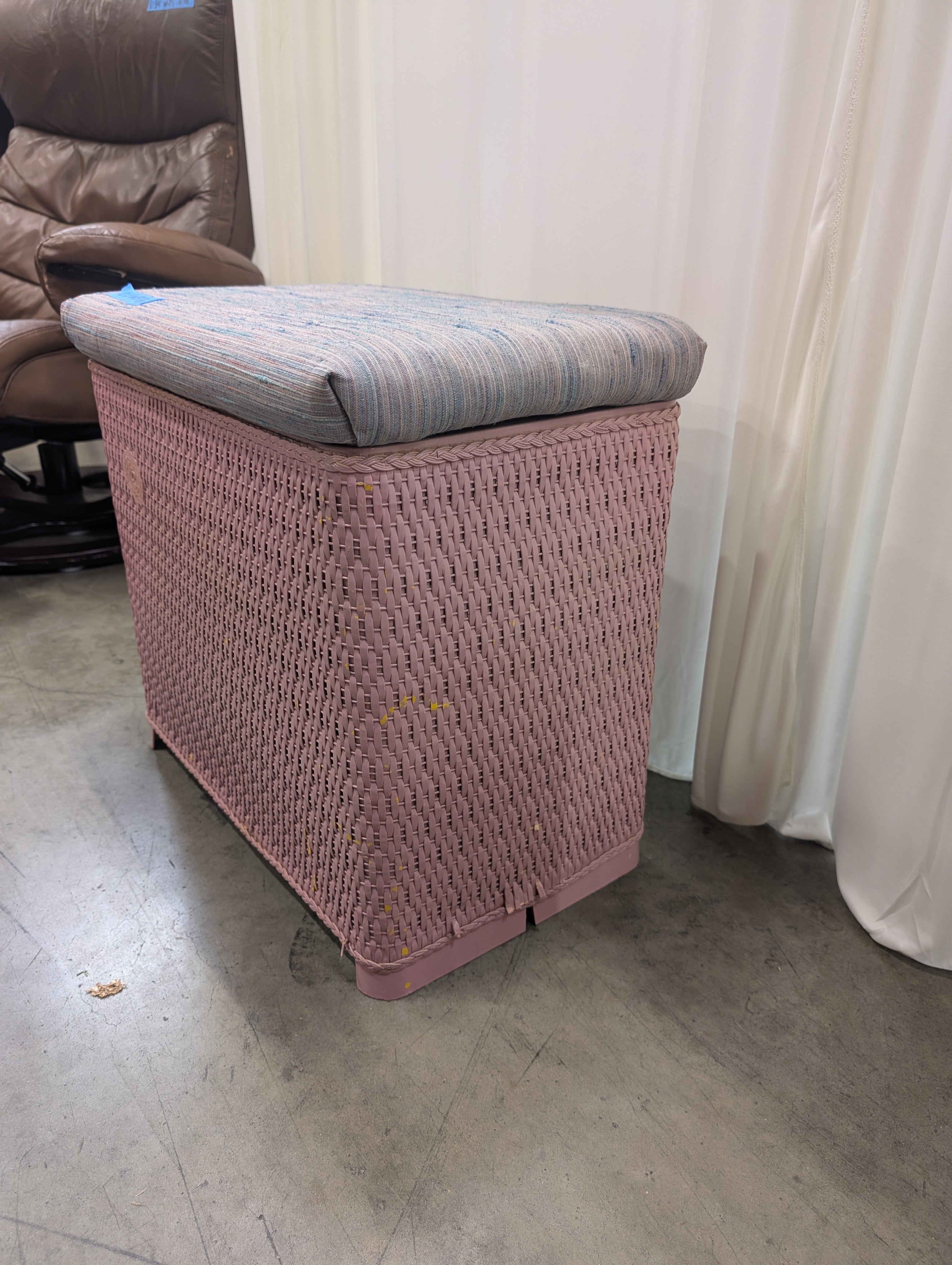 Pink Woven Wicker Storage Ottoman with Padded Lid