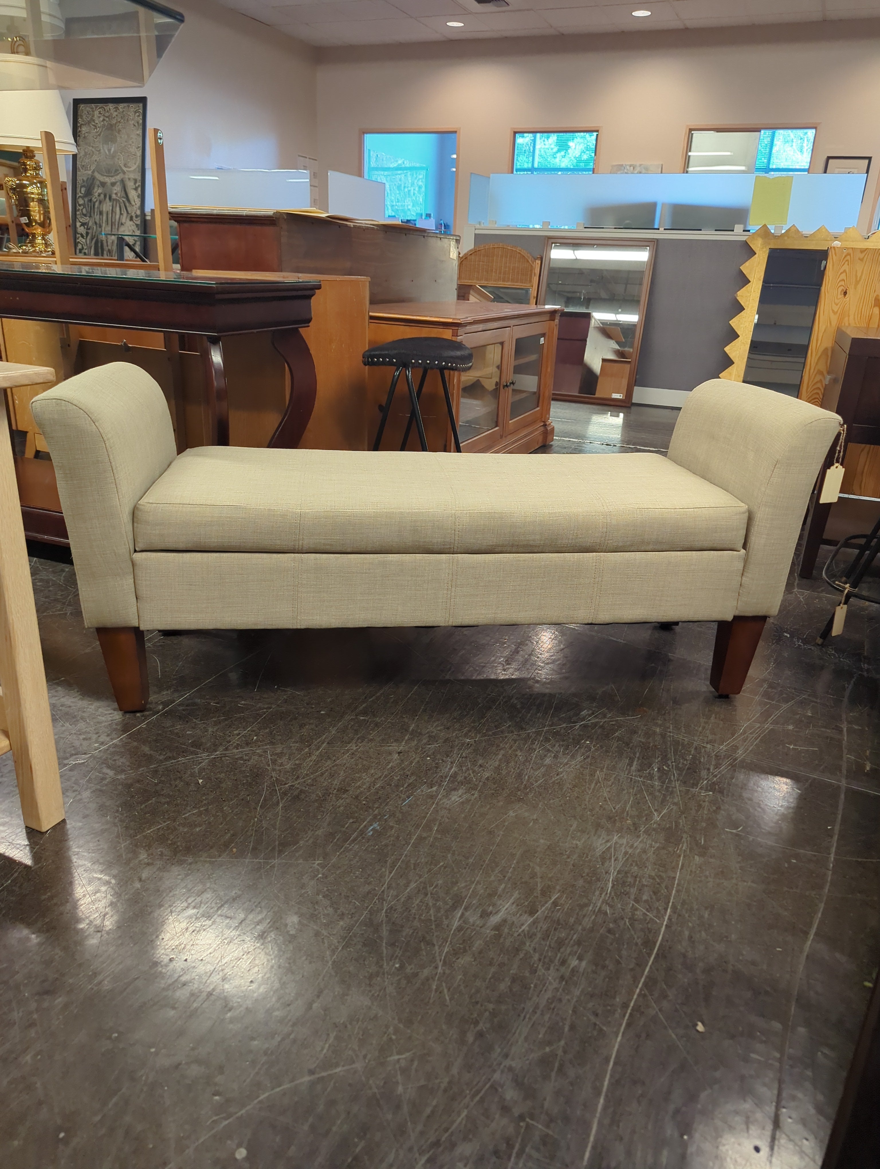 Neutral Upholstered Storage Bench with Wood Legs