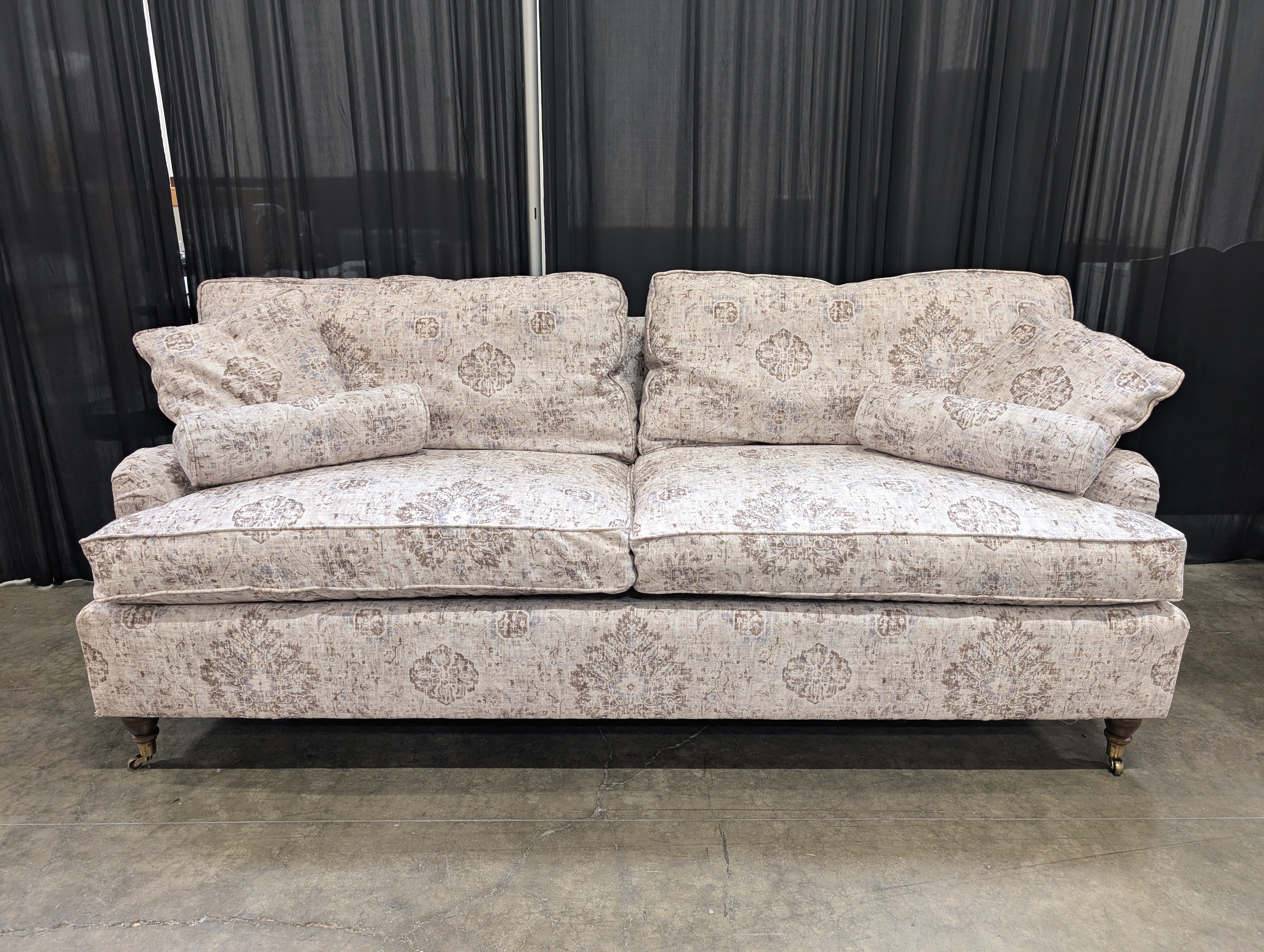 Traditional Patterned Fabric Couch with Rolled Arms