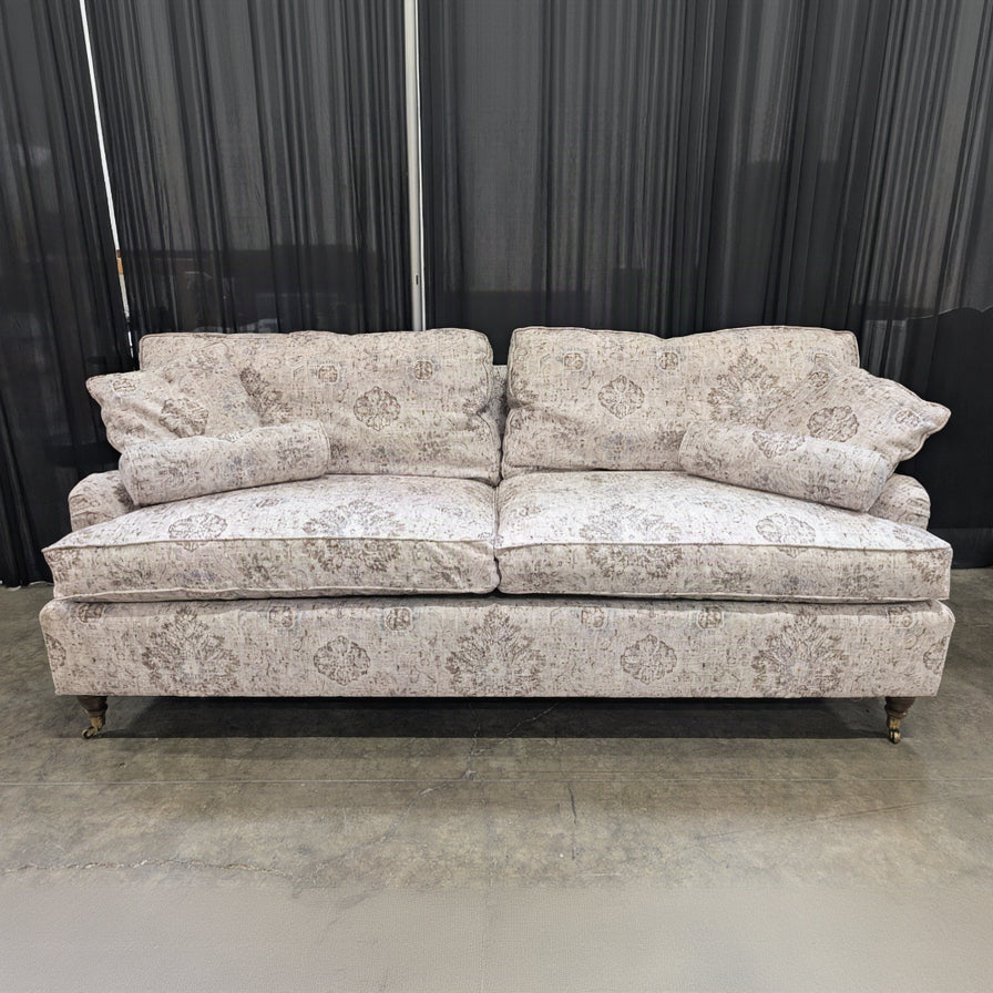 Traditional Patterned Fabric Couch with Rolled Arms