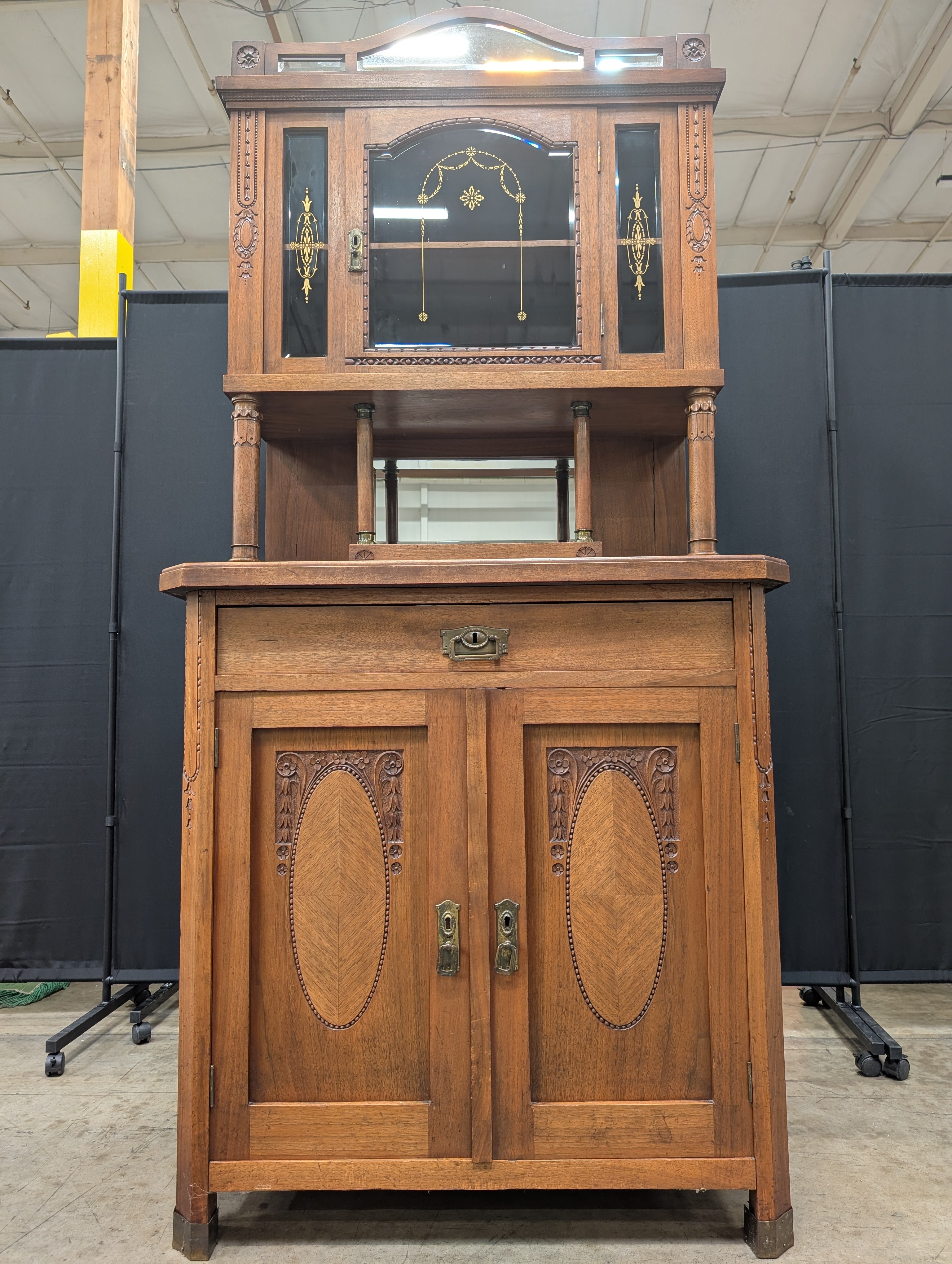 Vintage Carved Hardwood Display Cabinet with Marble Top