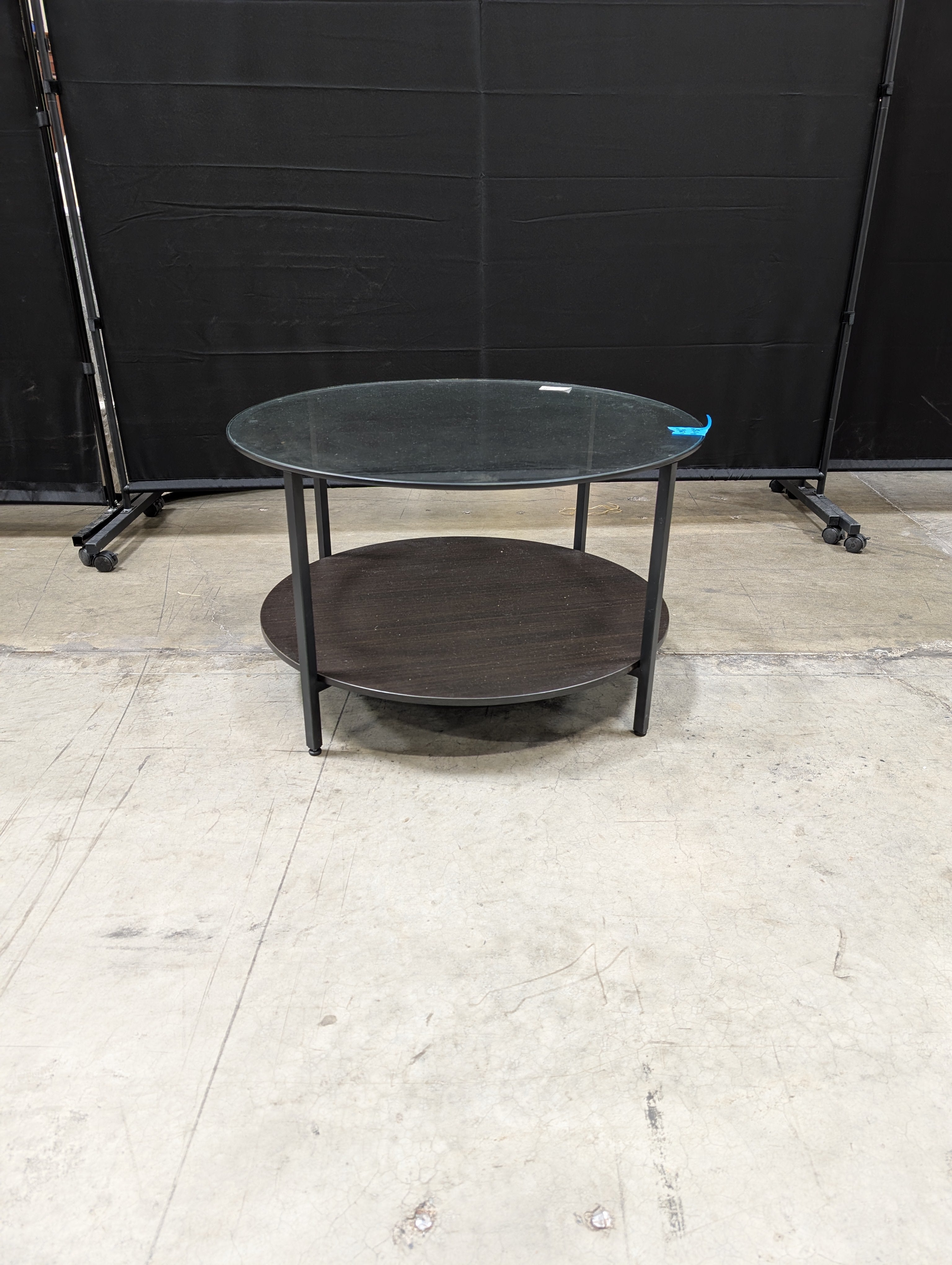 Contemporary Round Glass Top Coffee Table with Dark Wood Base