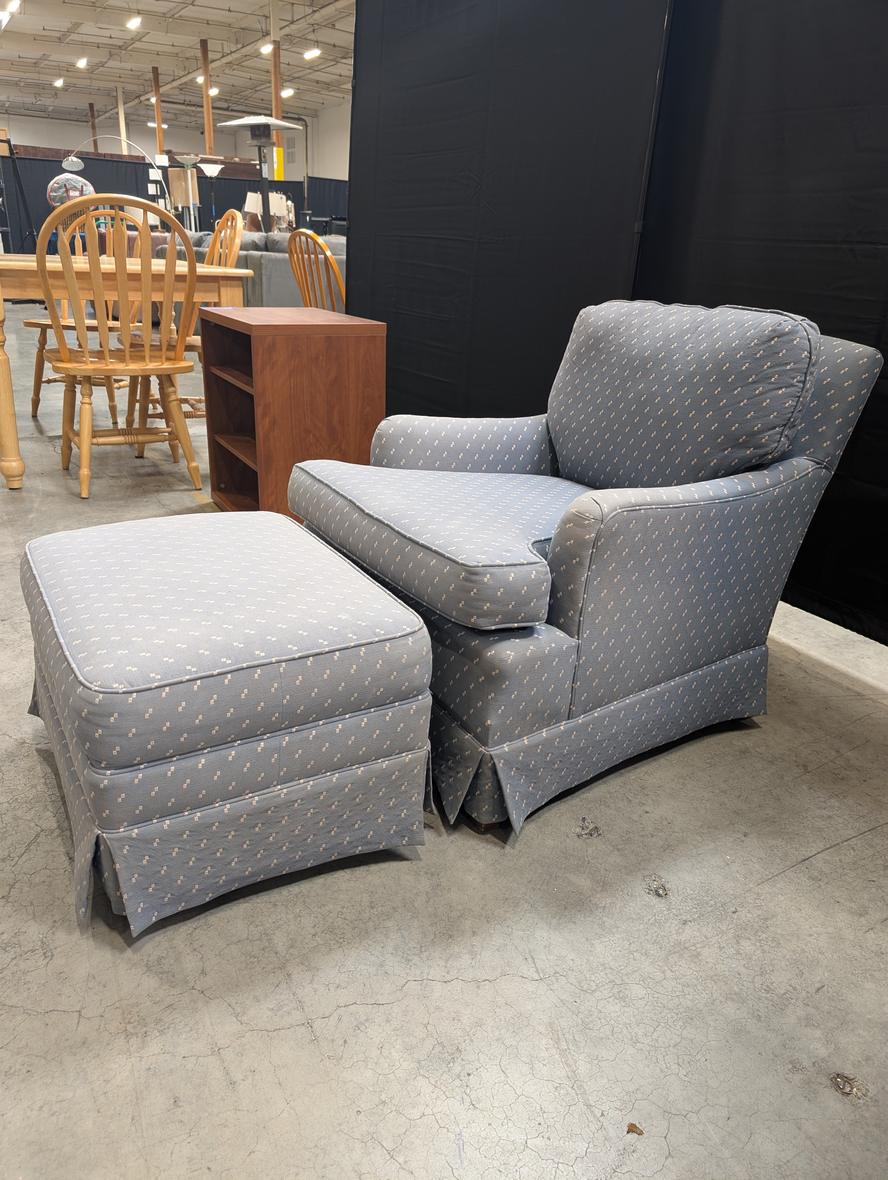 Blue Patterned Fabric Armchair with Rolled Arms with Ottoman