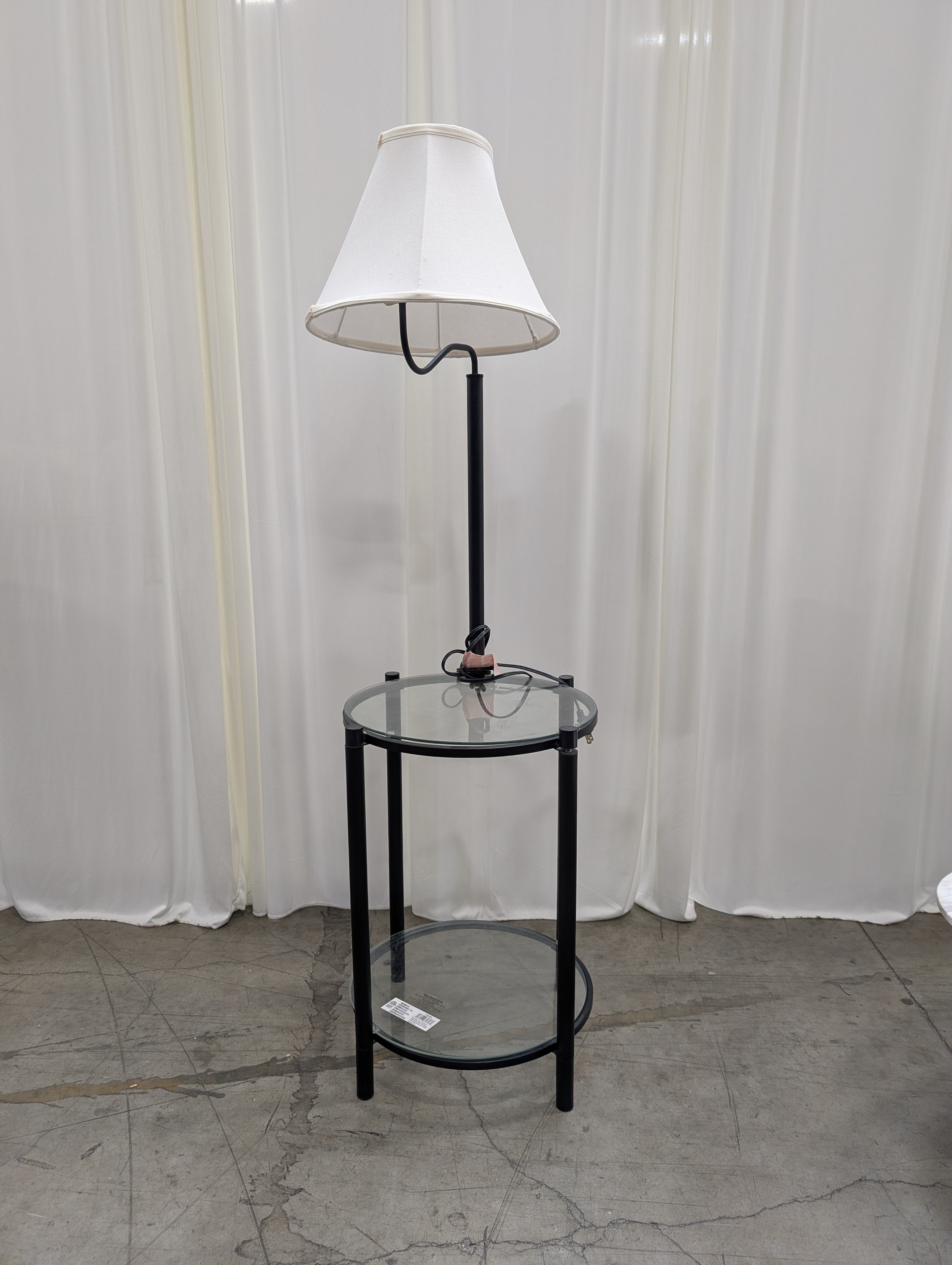 Black Metal Floor Lamp with White Shade Round Glass End Table