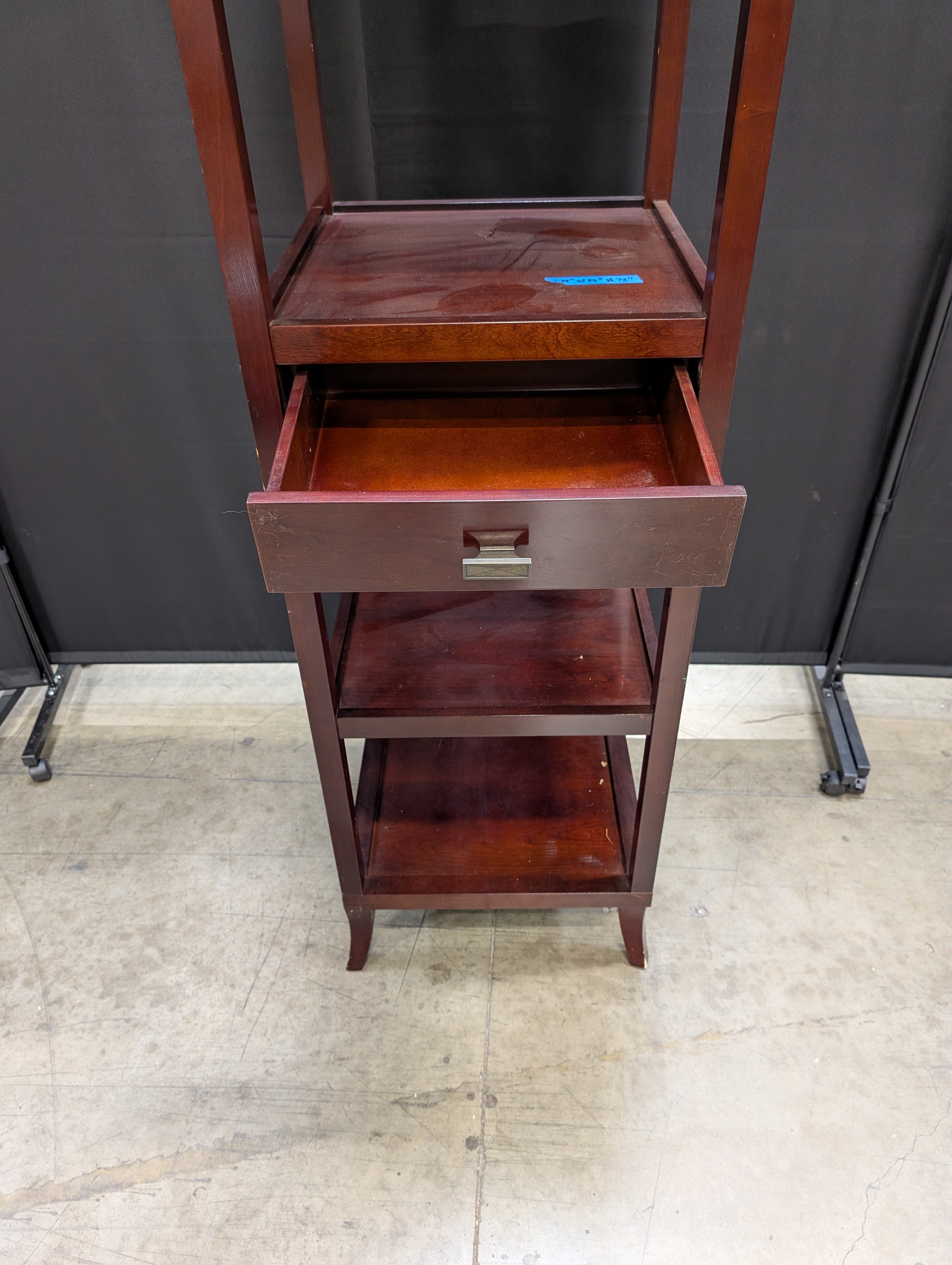 Tall Dark Wood Display Shelf with Single Drawer