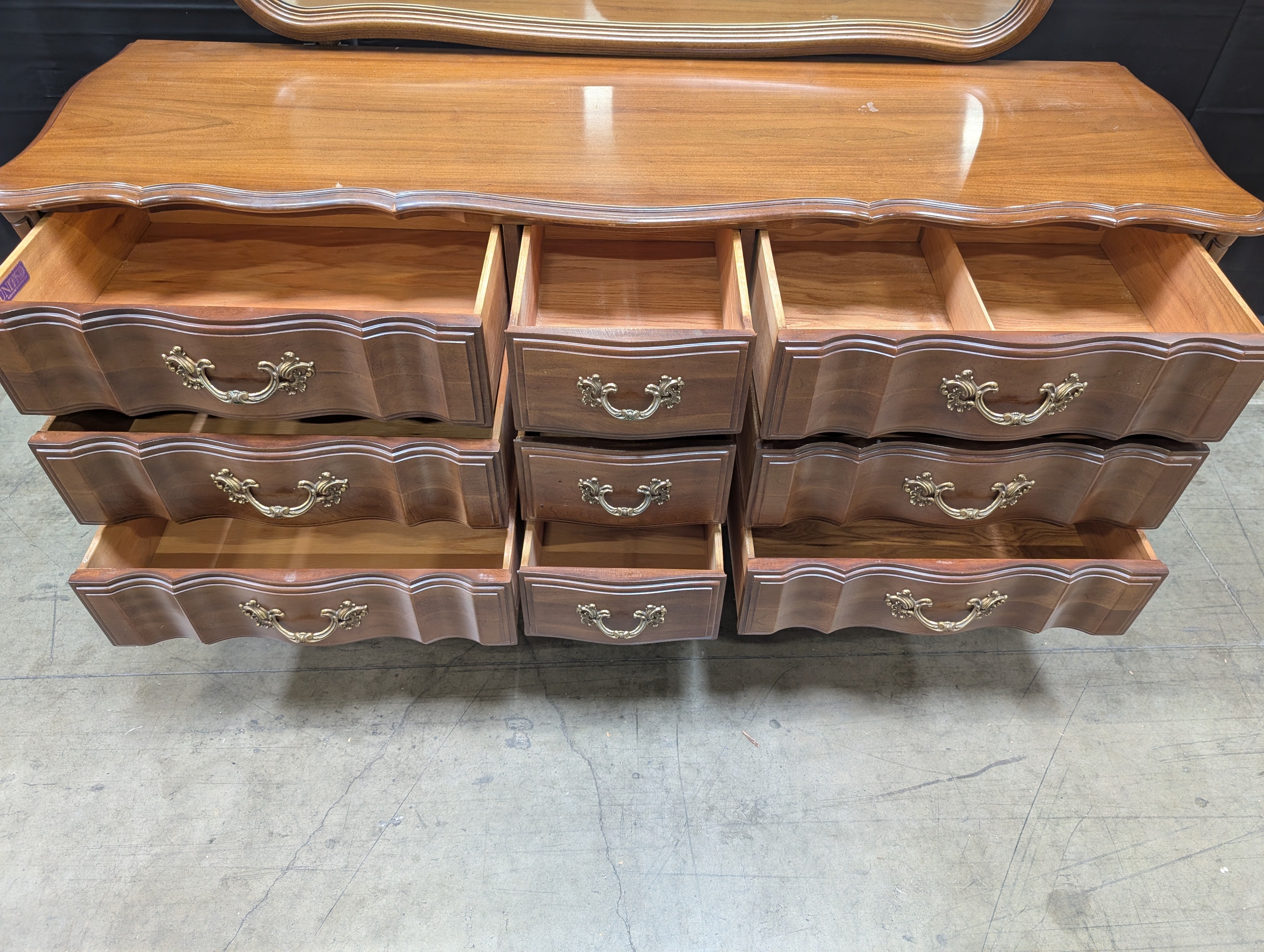 Vintage French Provincial Style Triple Dresser with Ornate Mirror