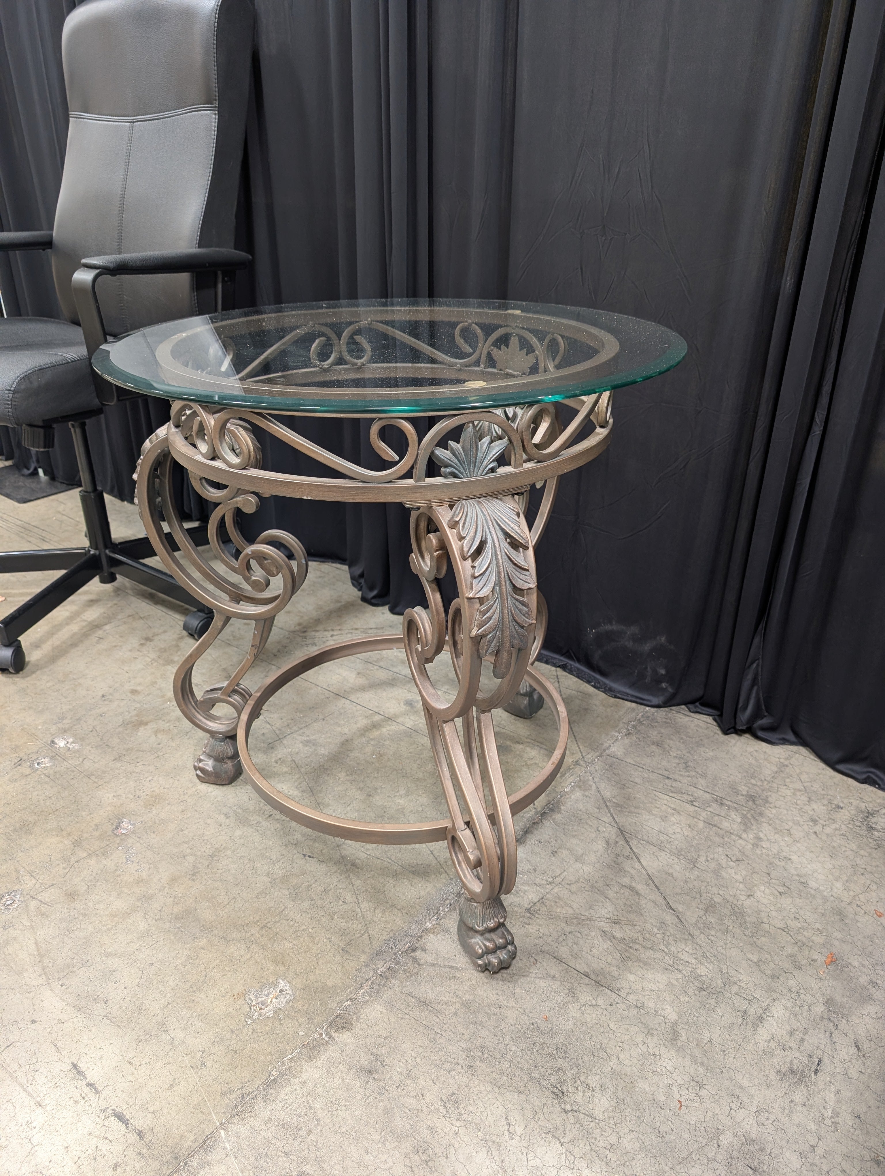 Ornate Bronze Finish Round End Table with Glass Top