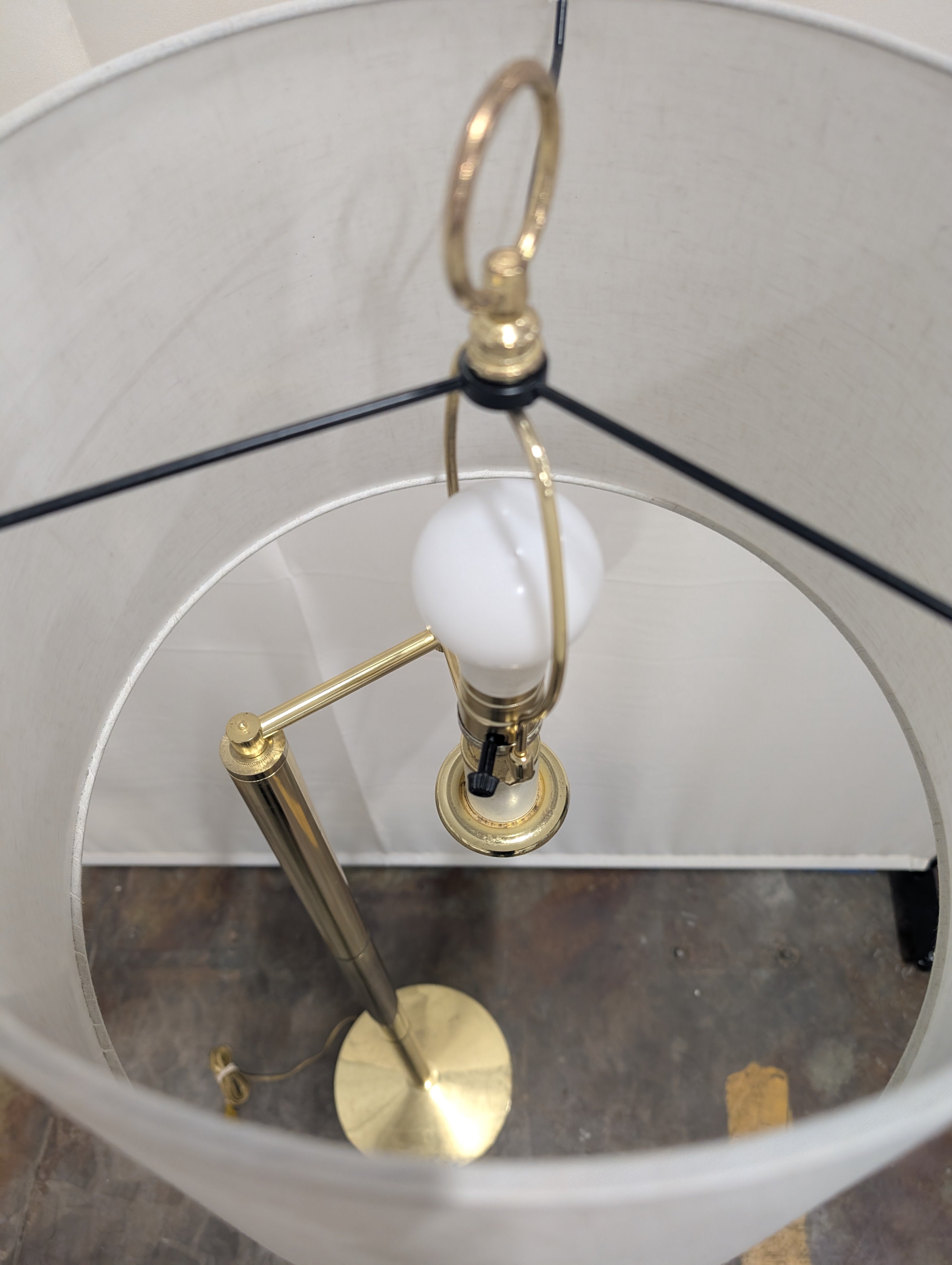 Modern Polished Brass-Toned Floor Lamp with Off-White Fabric Shade