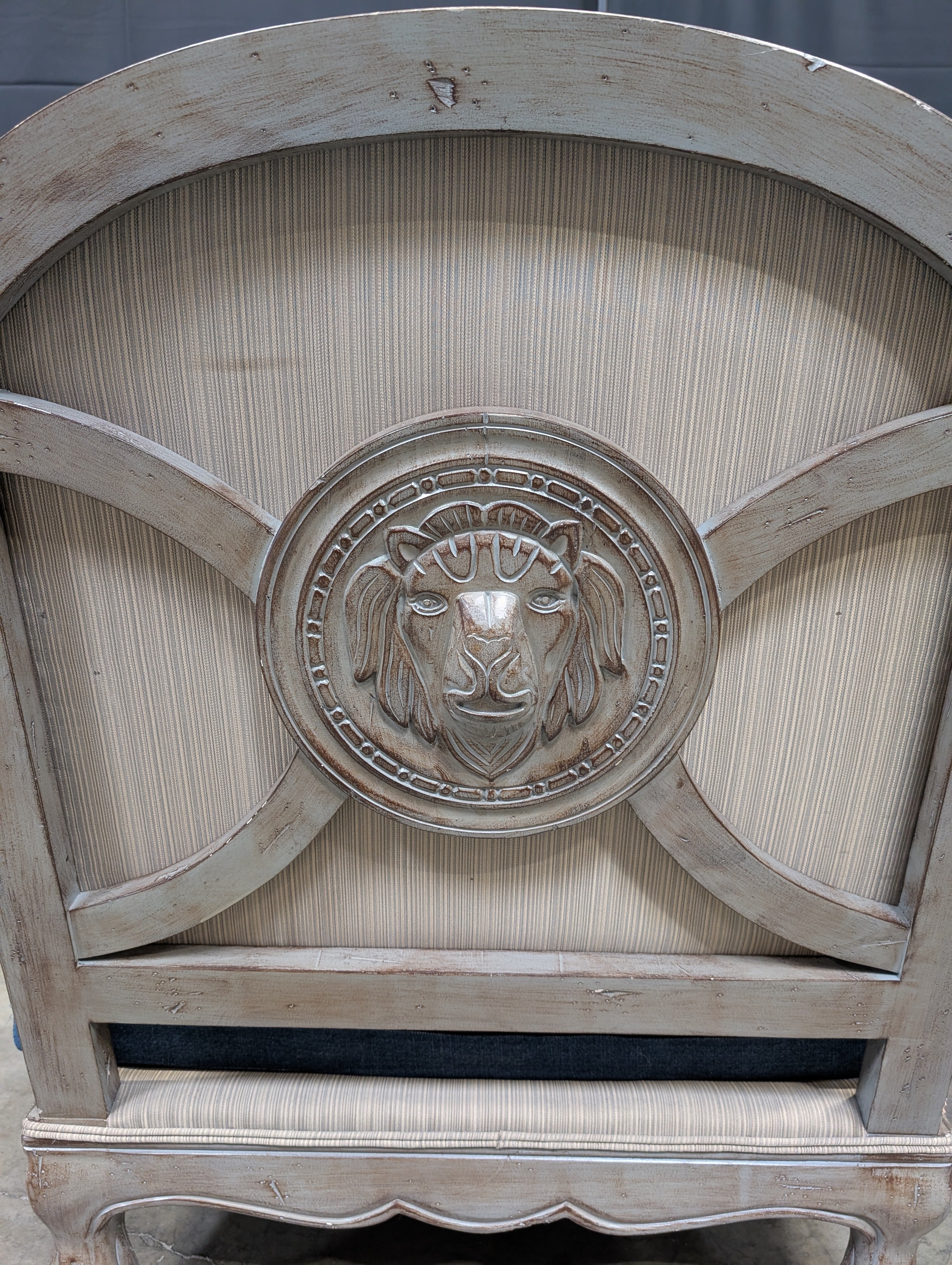 Vintage Style Blue Upholstered Armchair with Carved Wood Frame