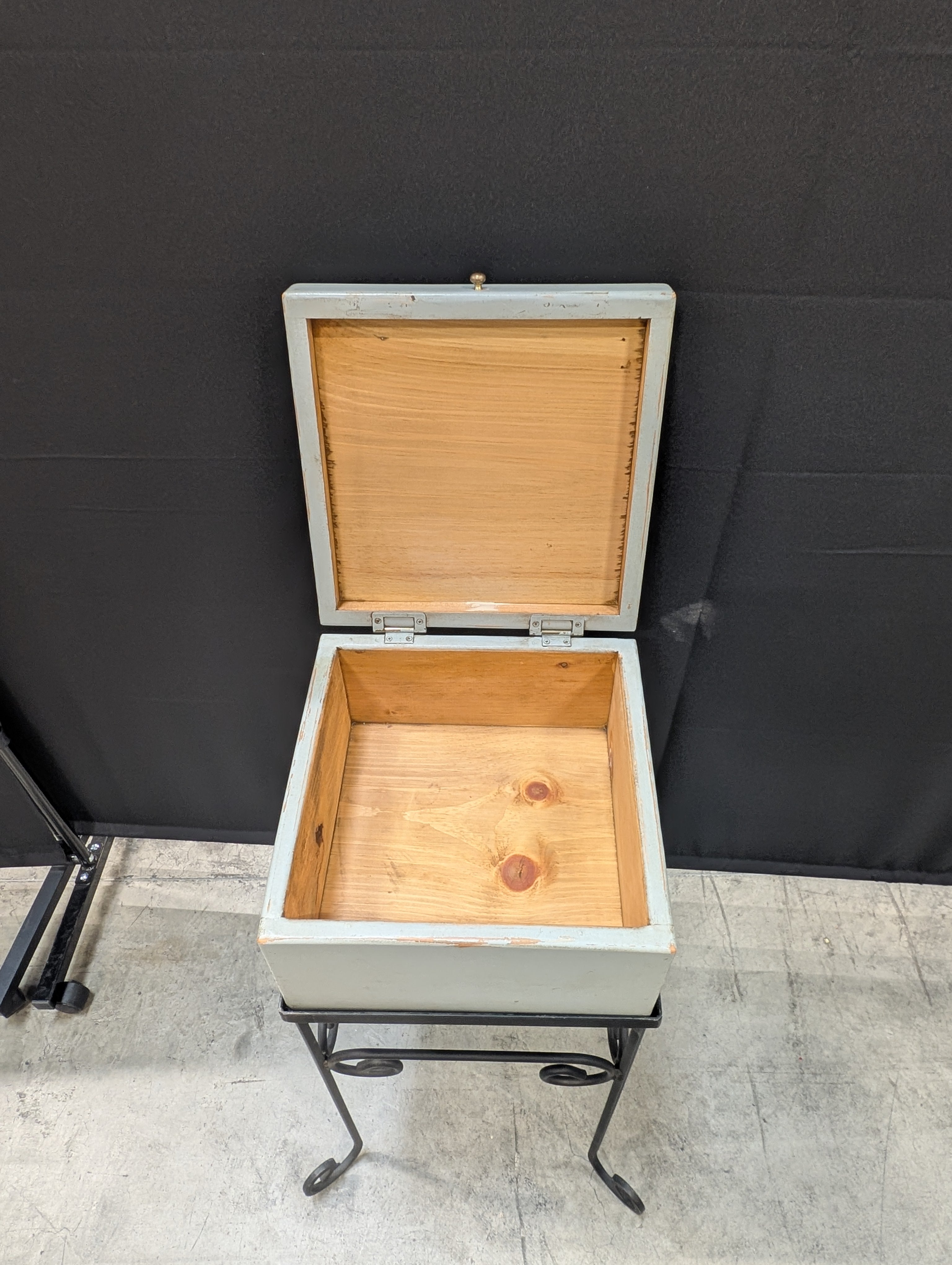 Decorative Wooden Box with Fish Motif on Wrought Iron Stand