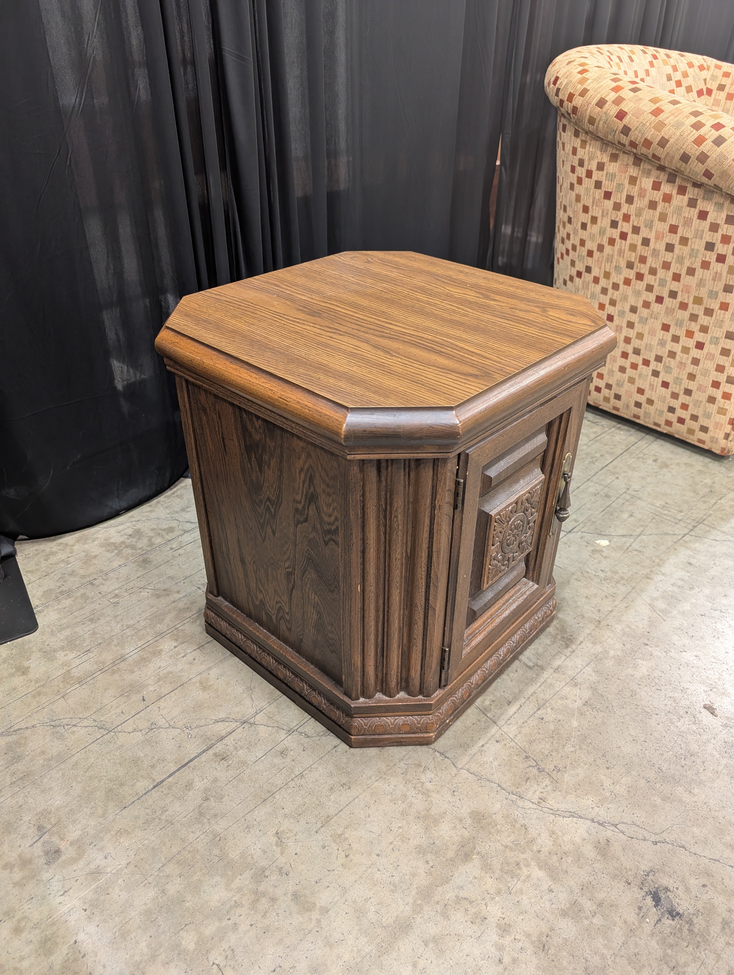 Vintage Hexagonal Wood End Table with Carved Door