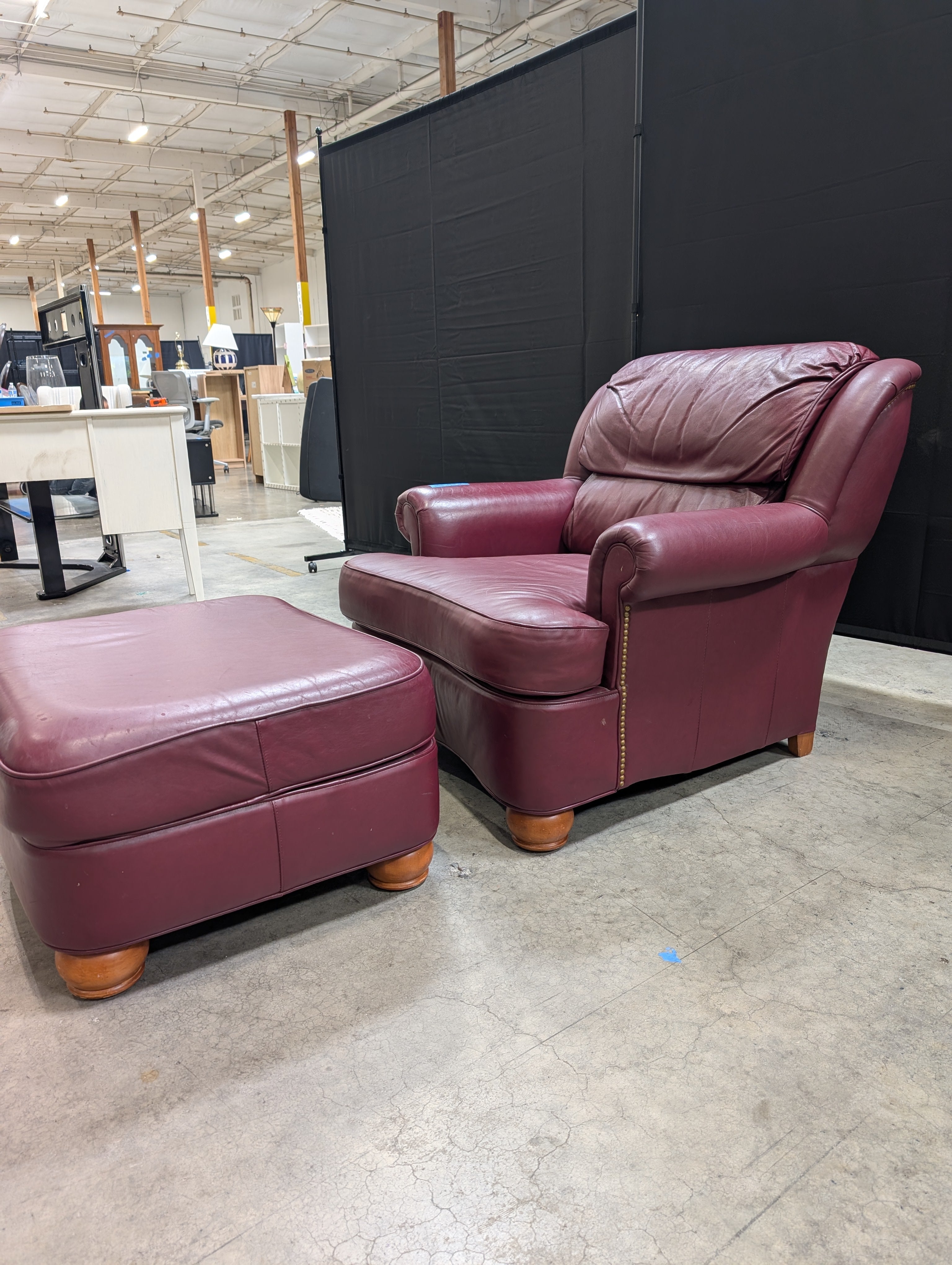 Deep Red Thomasville Leather Club Chair and Ottoman Set