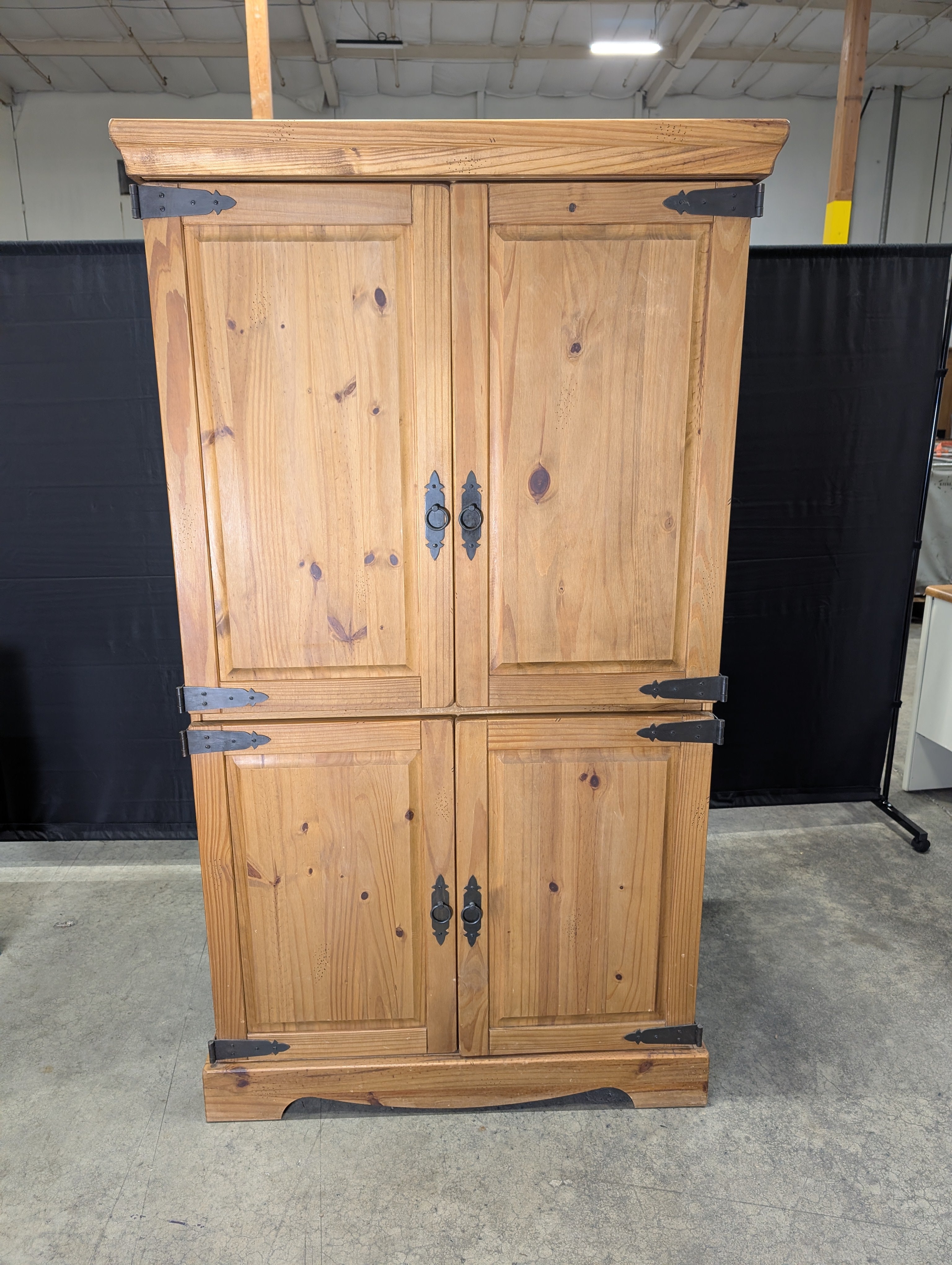 Rustic Pine Wood Four-Door Armoire Cabinet with Black Hardware