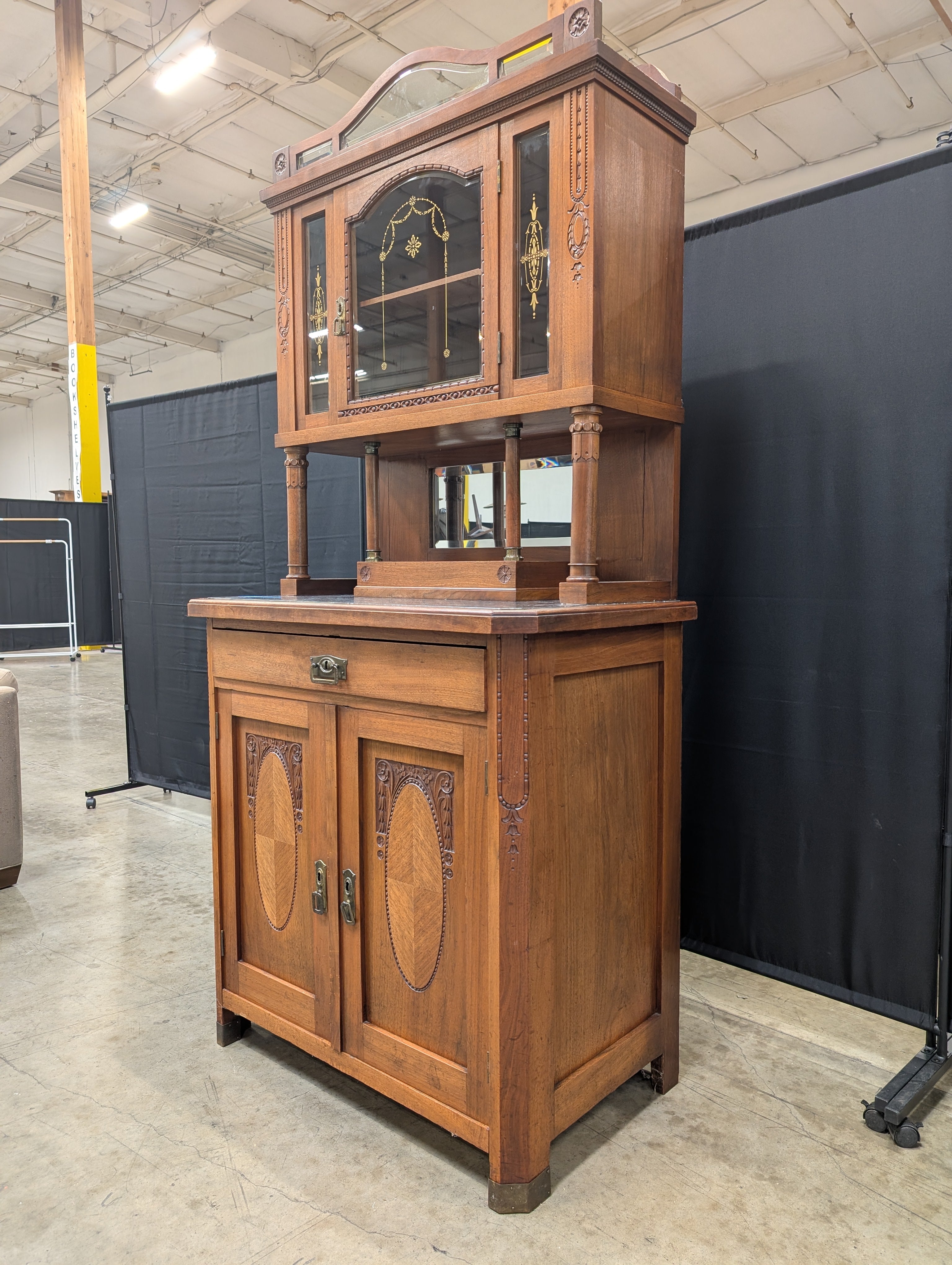 Vintage Carved Hardwood Display Cabinet with Marble Top