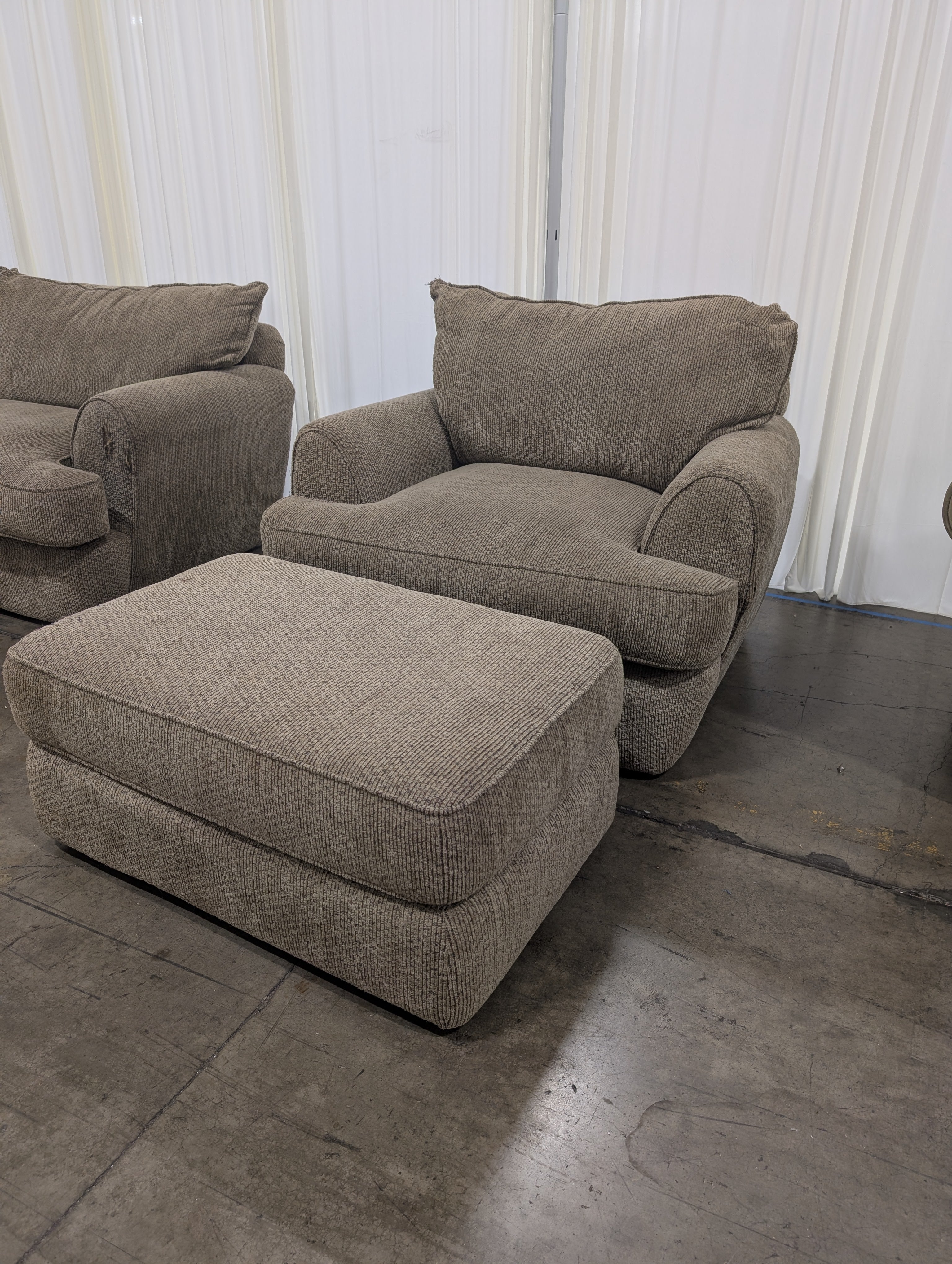 Textured Tan Fabric Armchair and Ottoman Set