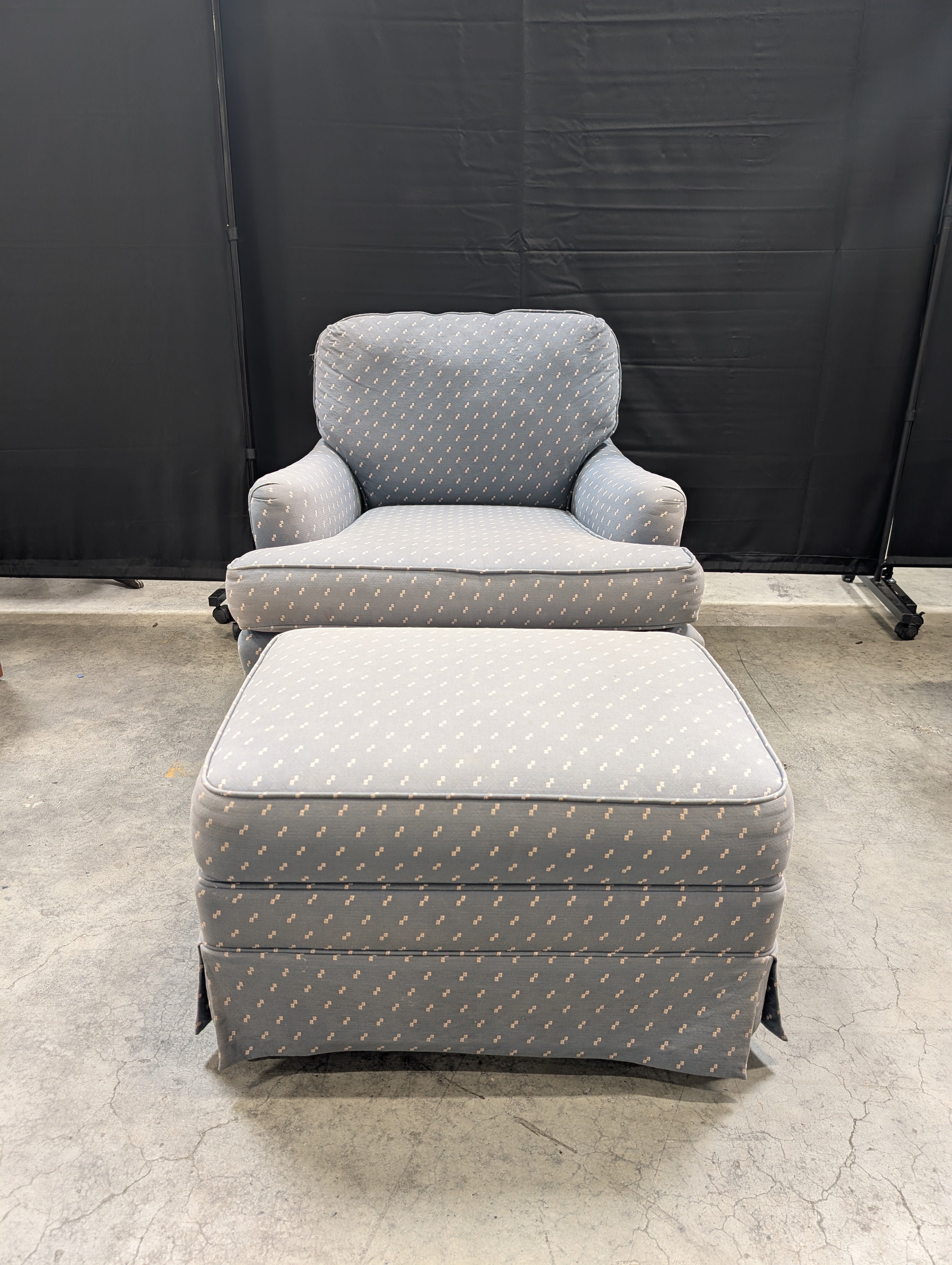 Blue Patterned Fabric Armchair with Rolled Arms with Ottoman