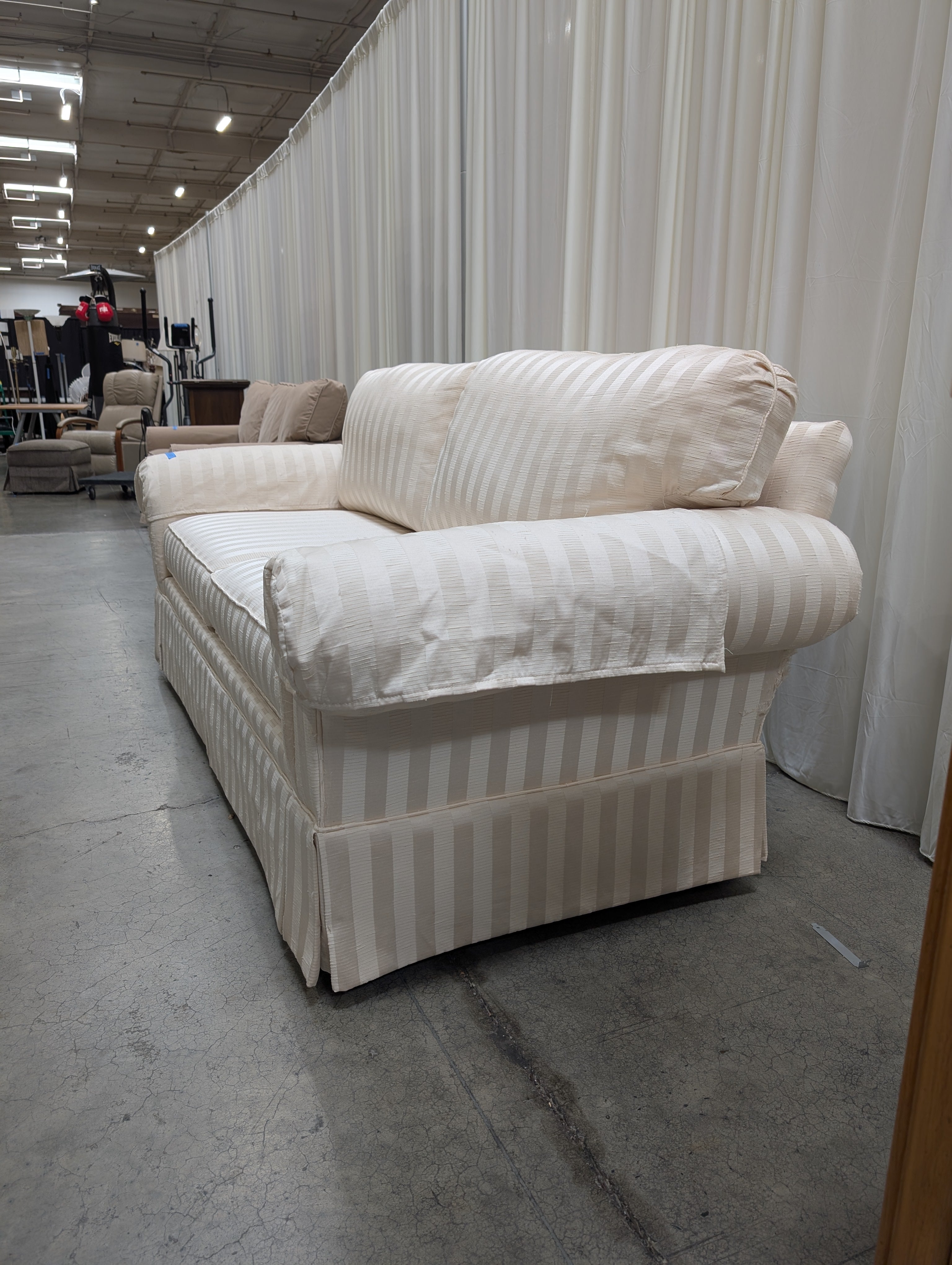 Woodmark Cream Striped Couch with Rolled Arms