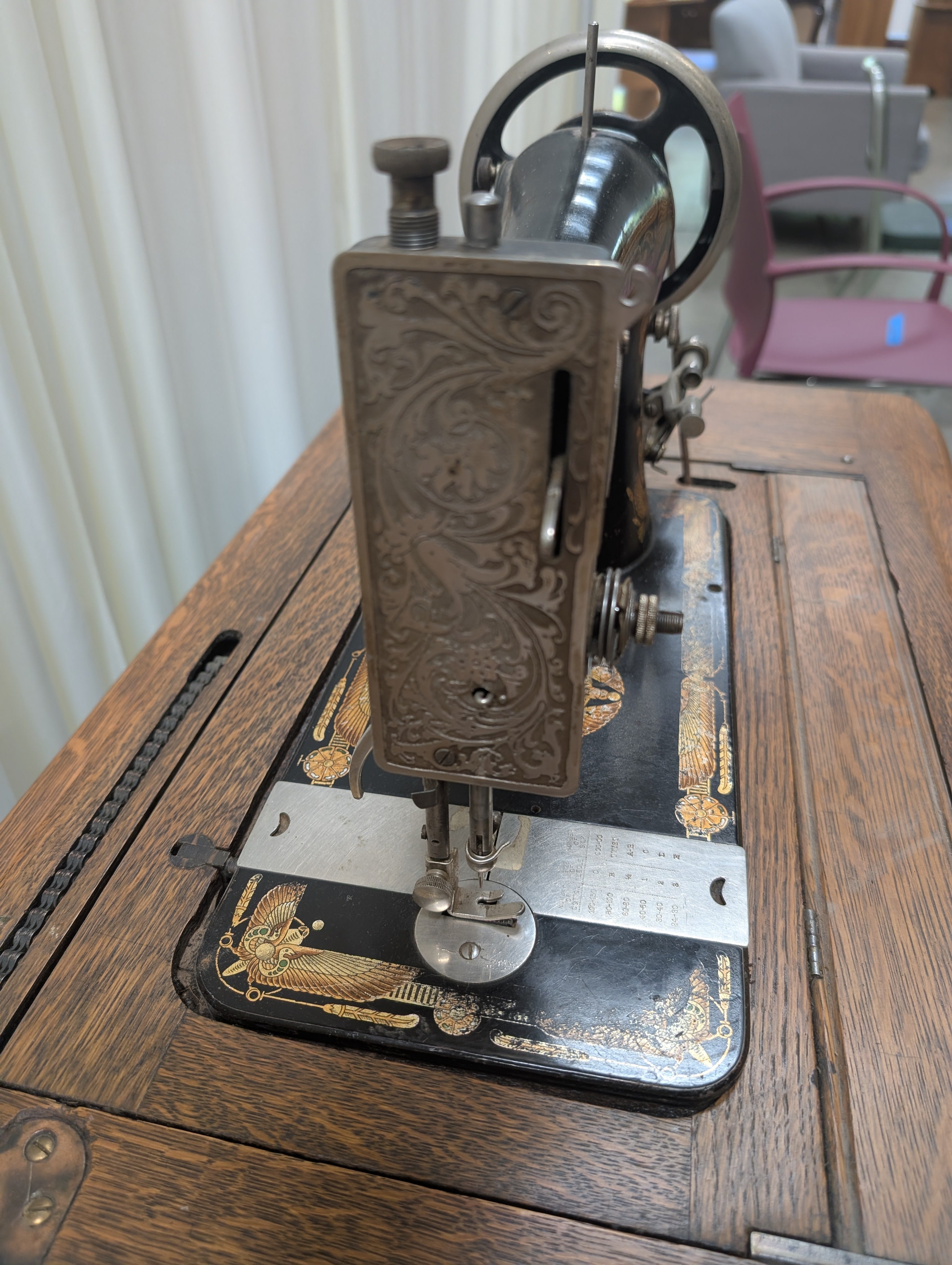 Oak Wood Antique Sewing Machine Cabinet with Ornate Details
