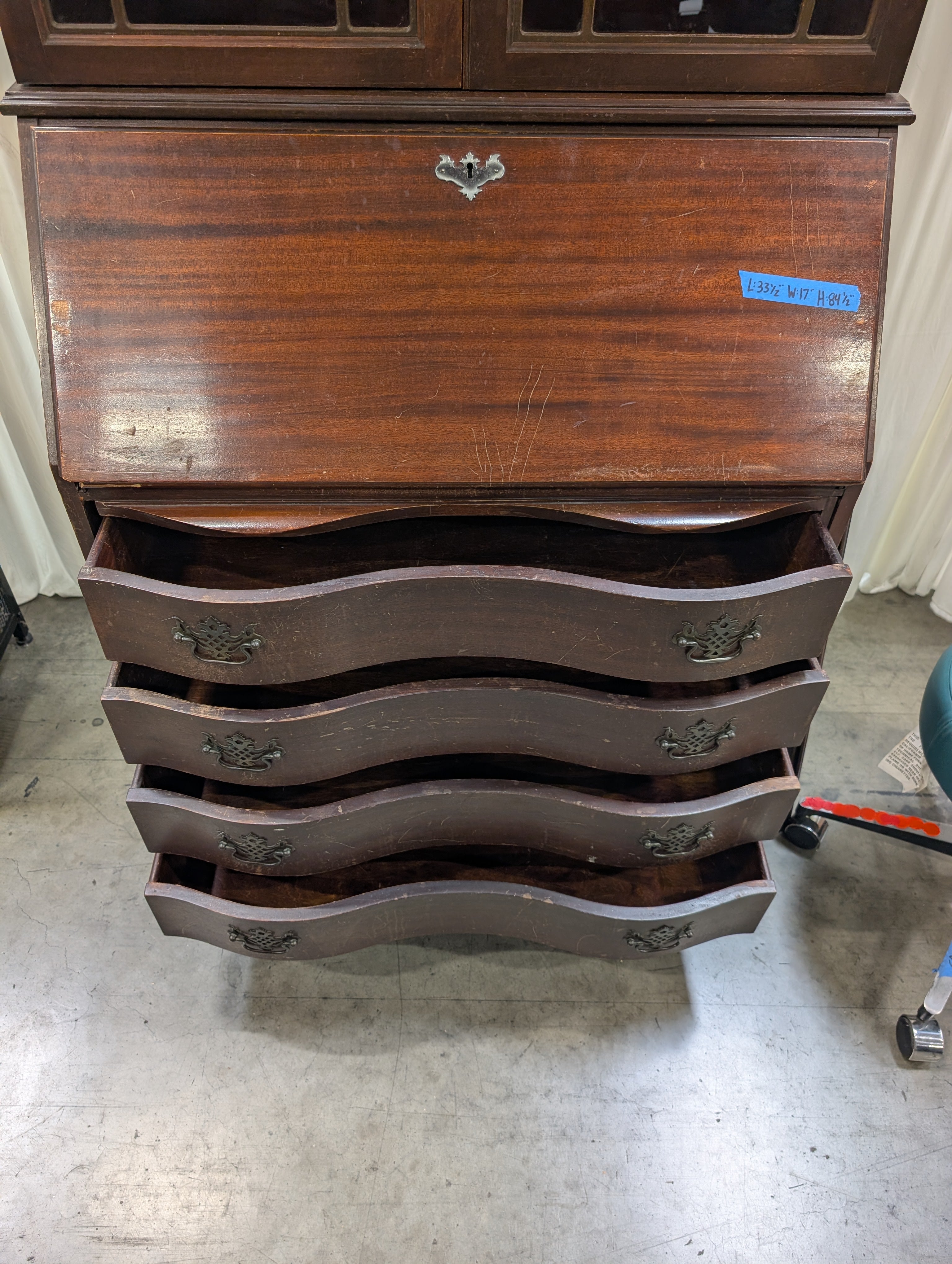 Vintage Mahogany Secretary Desk with Glass Hutch