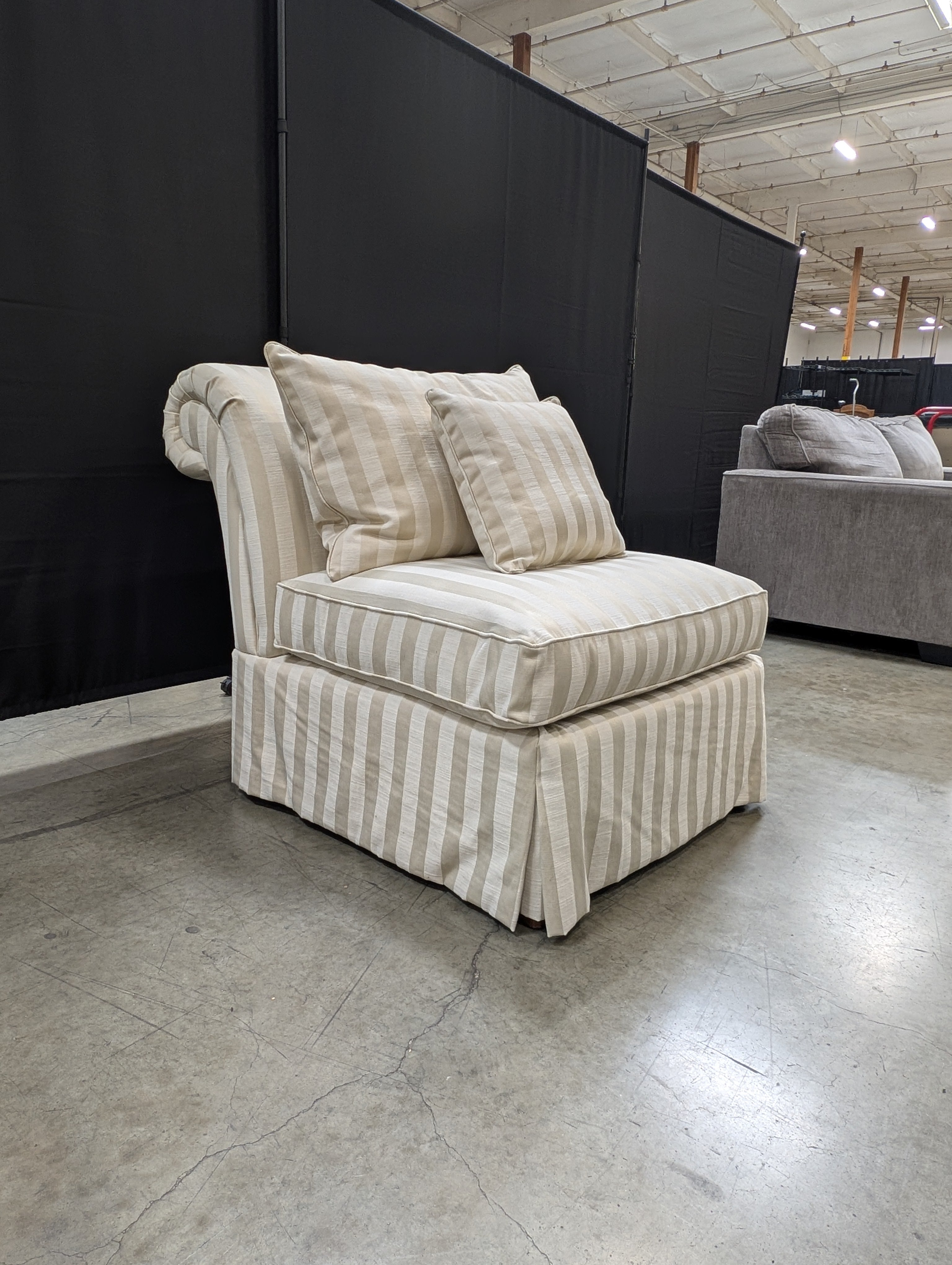Cream and Beige Striped Upholstered Armless Accent Chair