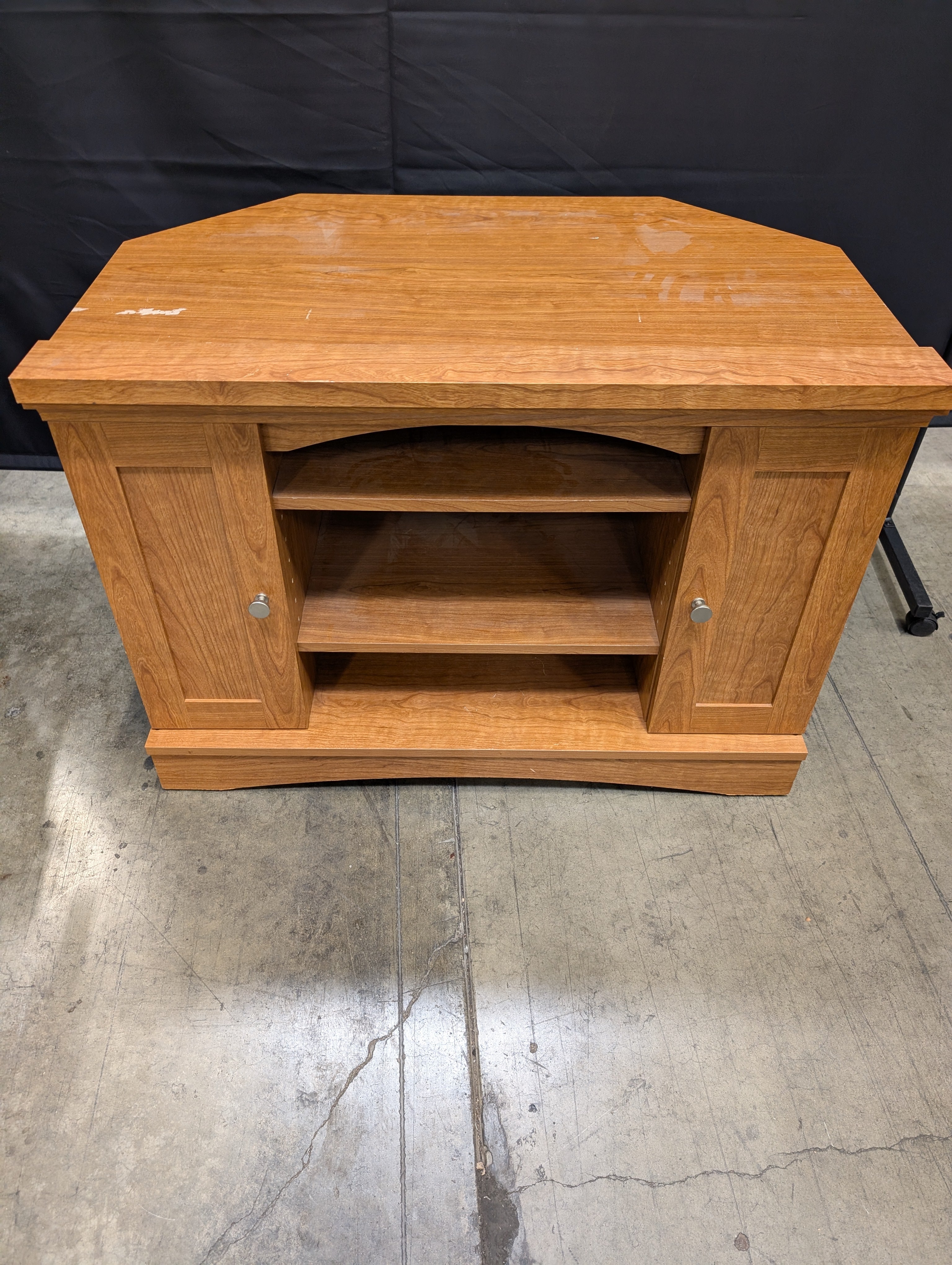 Cherry Toned Wood Media Cabinet with Open Shelving