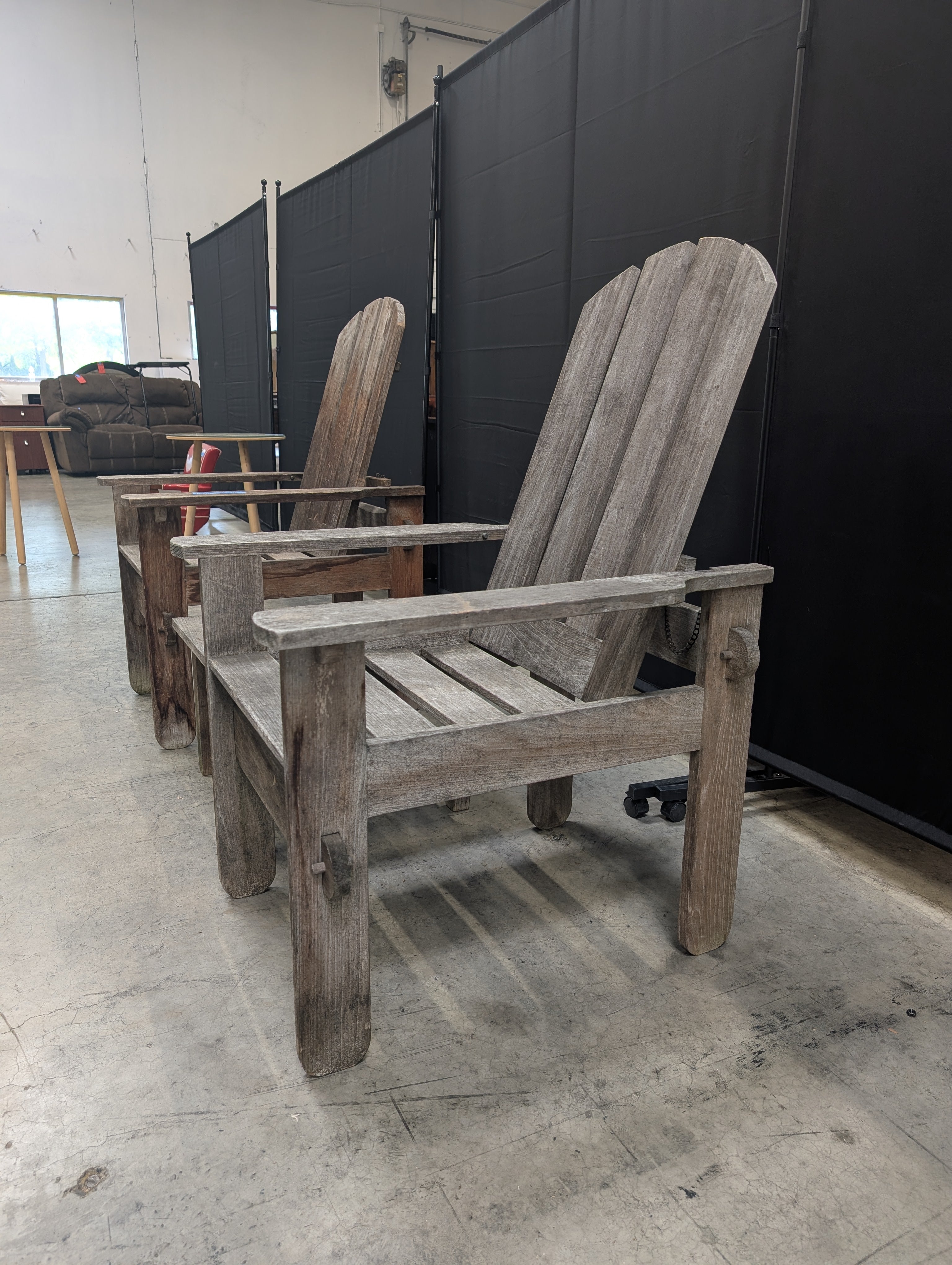 Set of Weathered Gray Wood Adirondack Chairs with Side Table