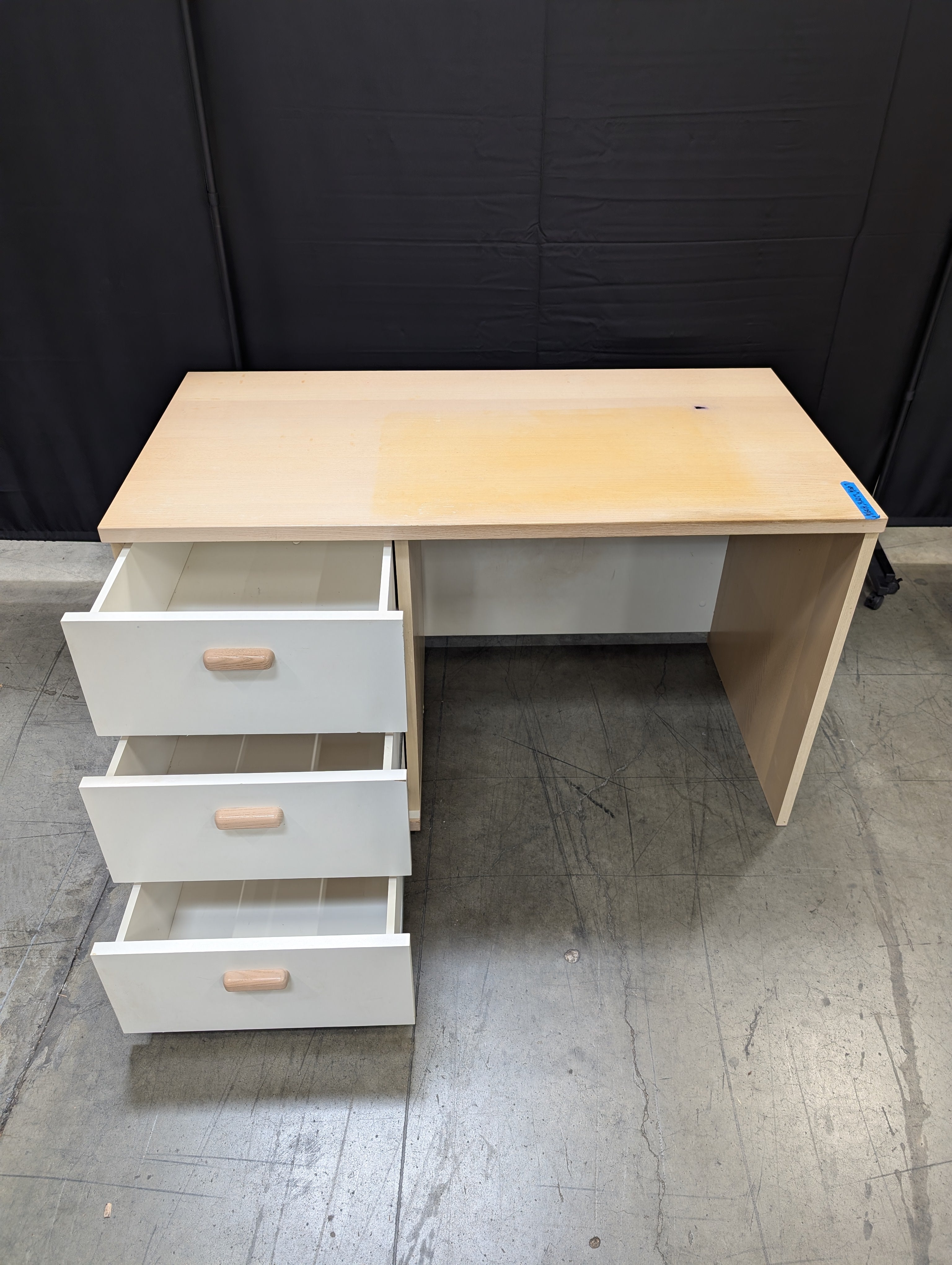 Modern Wood Tone Desk with Three Grey Drawers and Natural Pulls