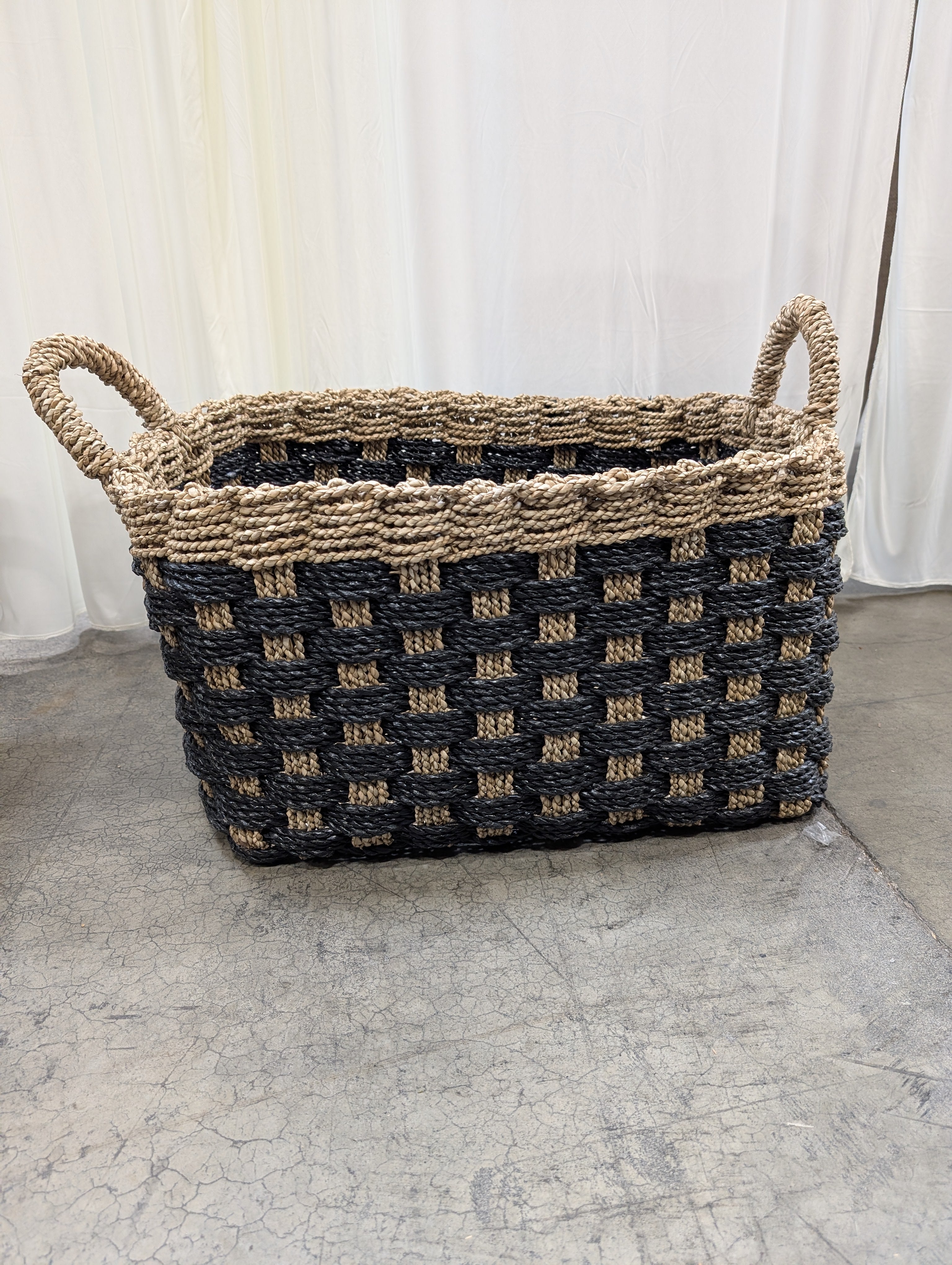 Two-Tone Woven Rectangular Basket with Handles