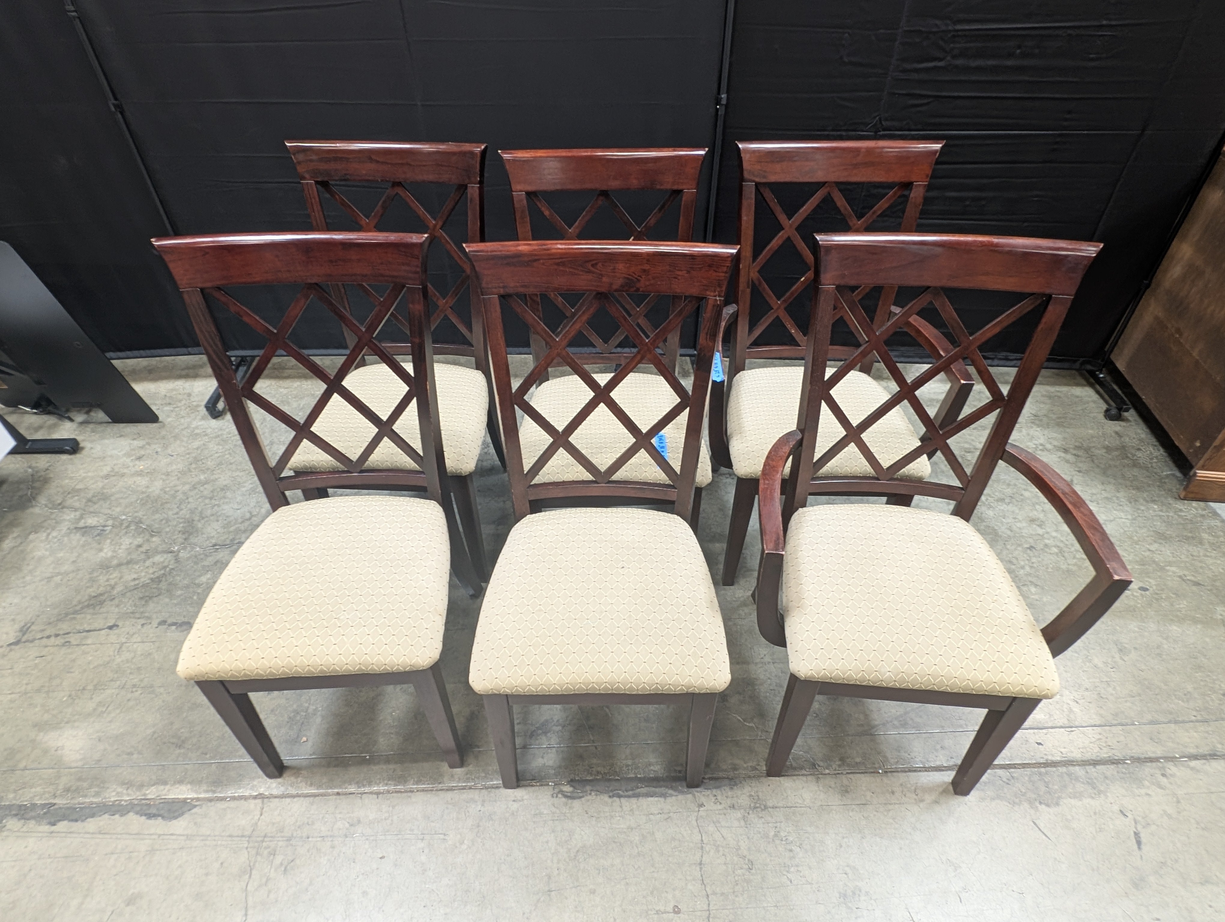 Set of Six Dark Wood Lattice Back Dining Chair