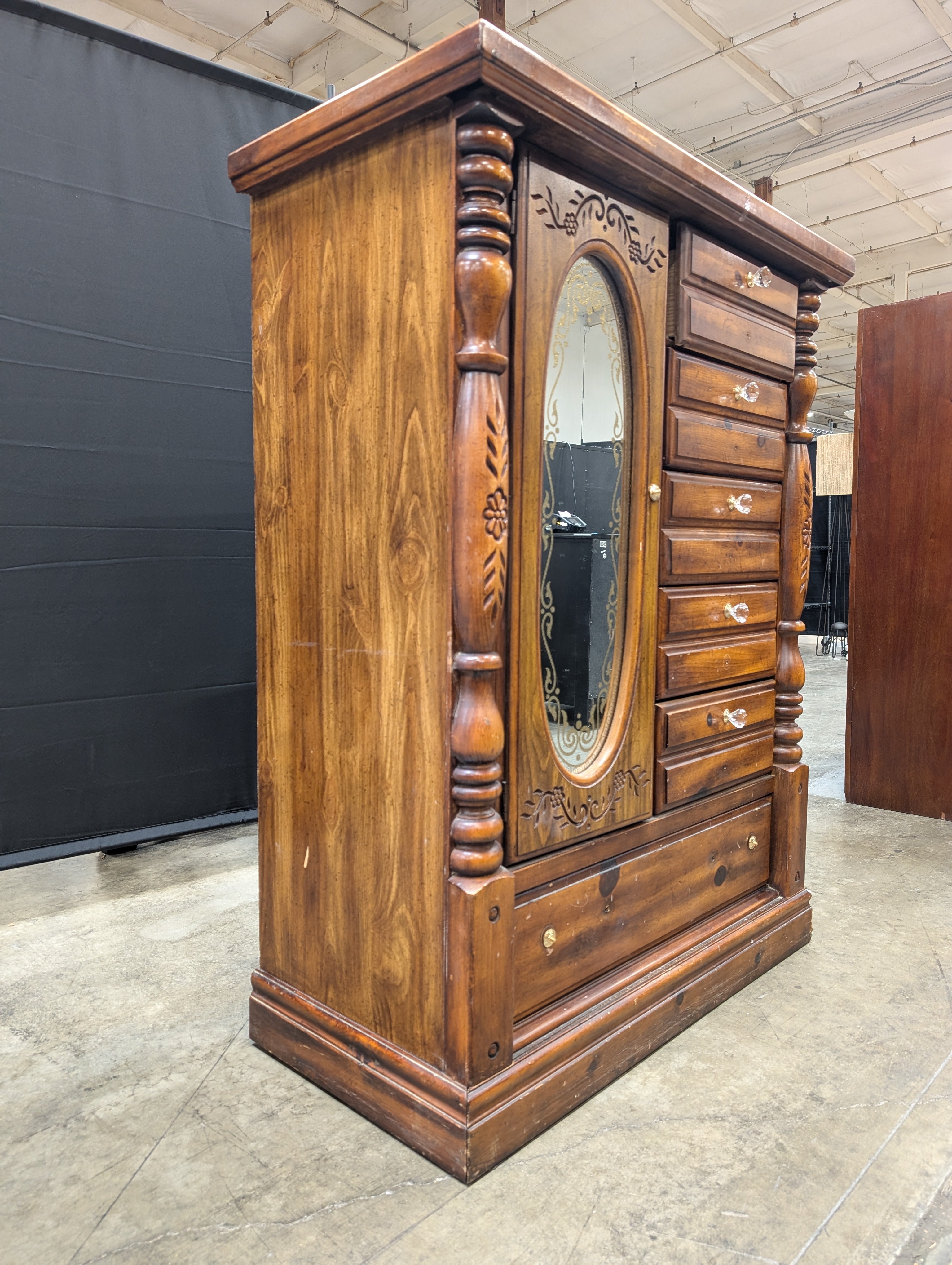 Traditional Hardwood  Armoire with Mirrored Door and Carved Details