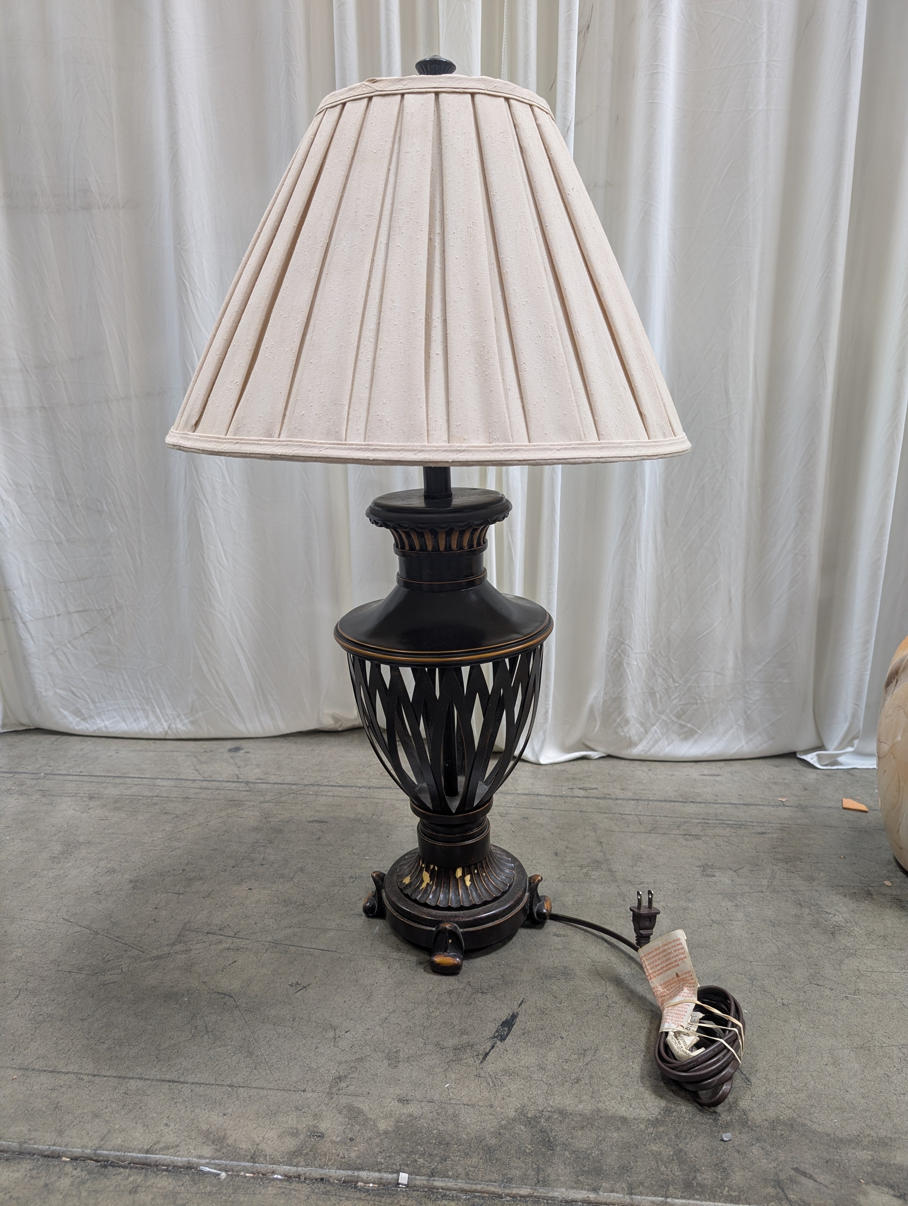 Ornate Dark Metal Table Lamp with Pleated Shade