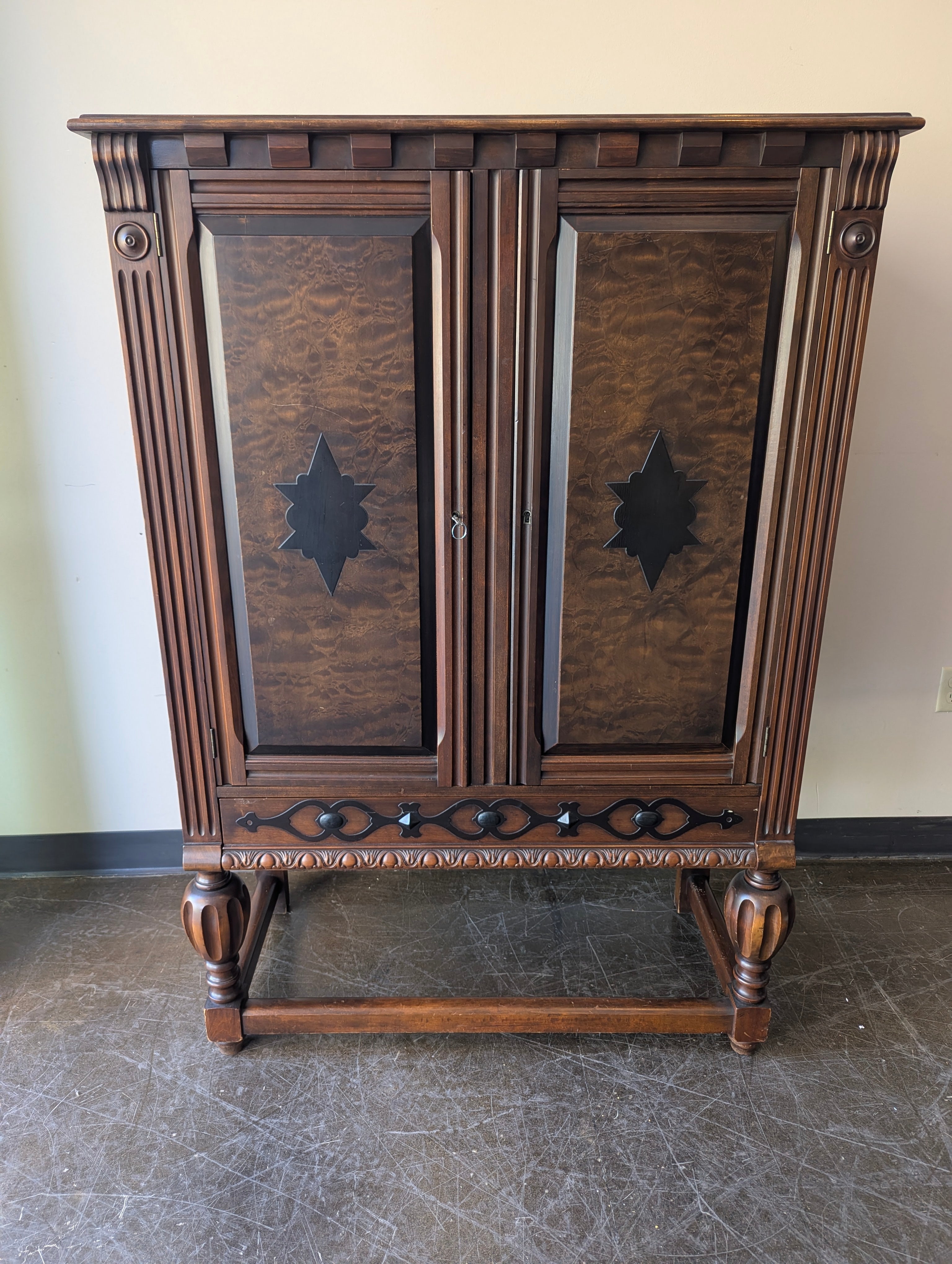 Vintage Dark Wood Display Cabinet with Carved Details
