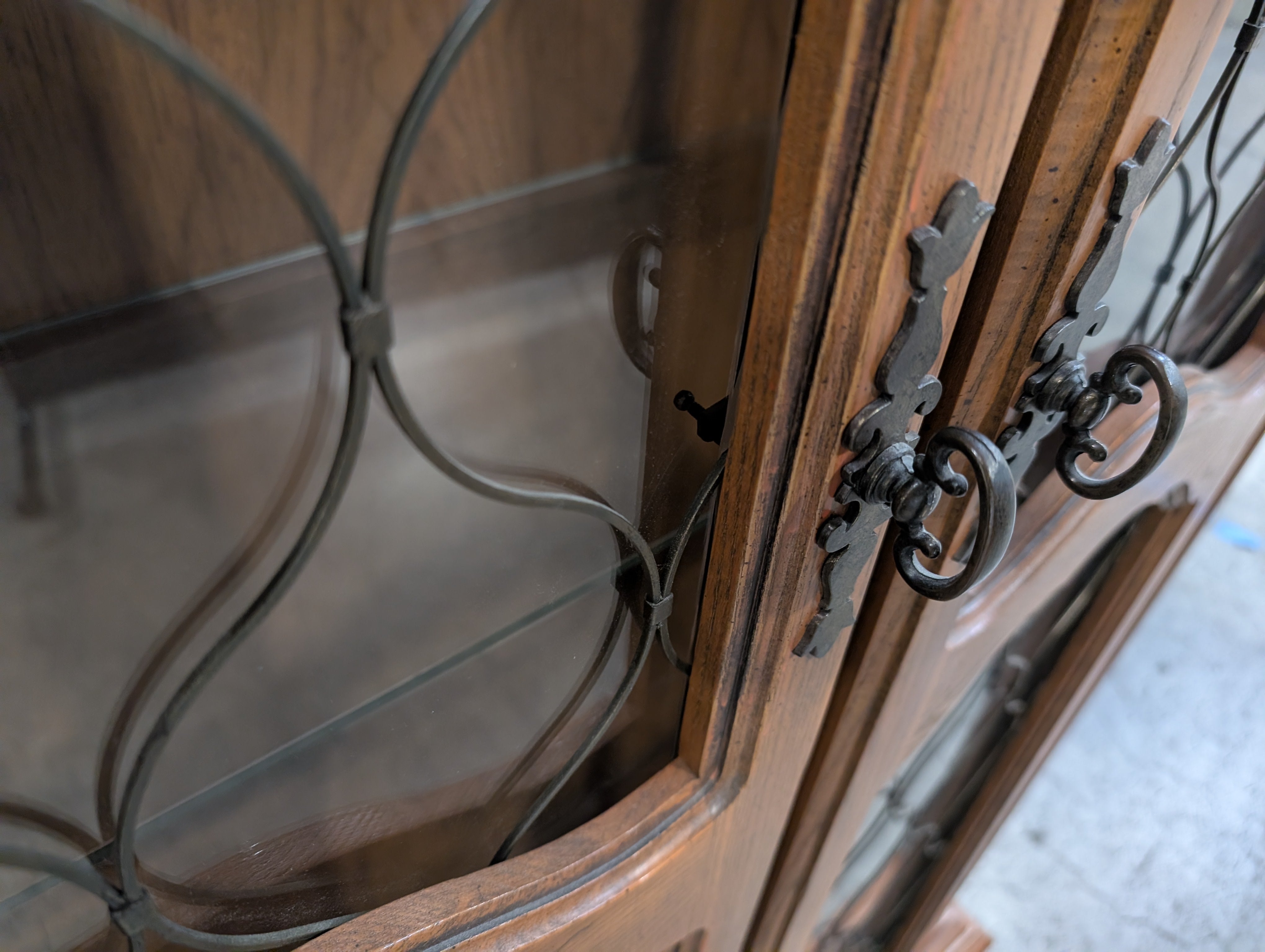 Ornate Wood Display Cabinet with Leaded Glass Doors