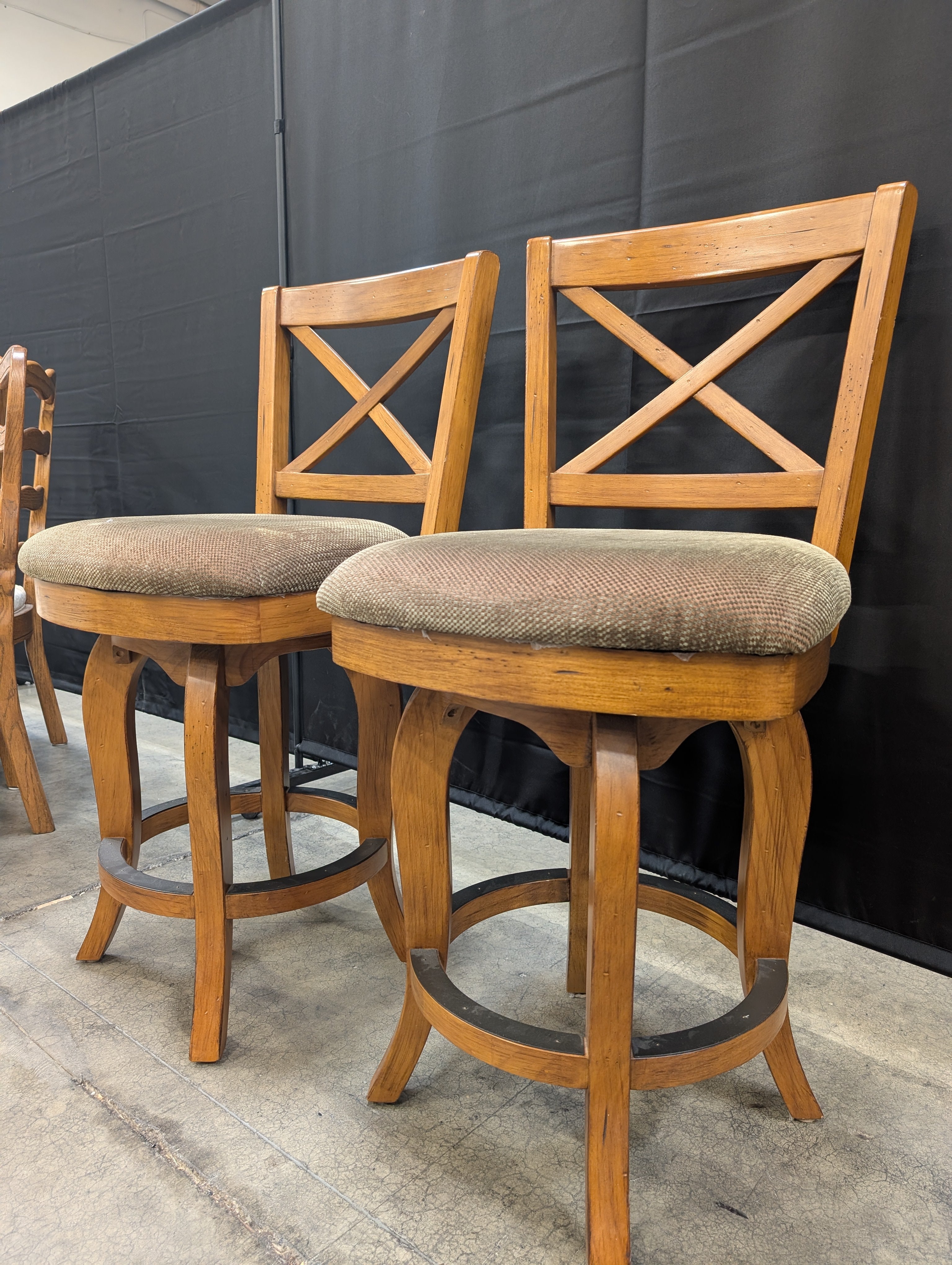 Pair of Wood X-Back Swivel Bar Stools