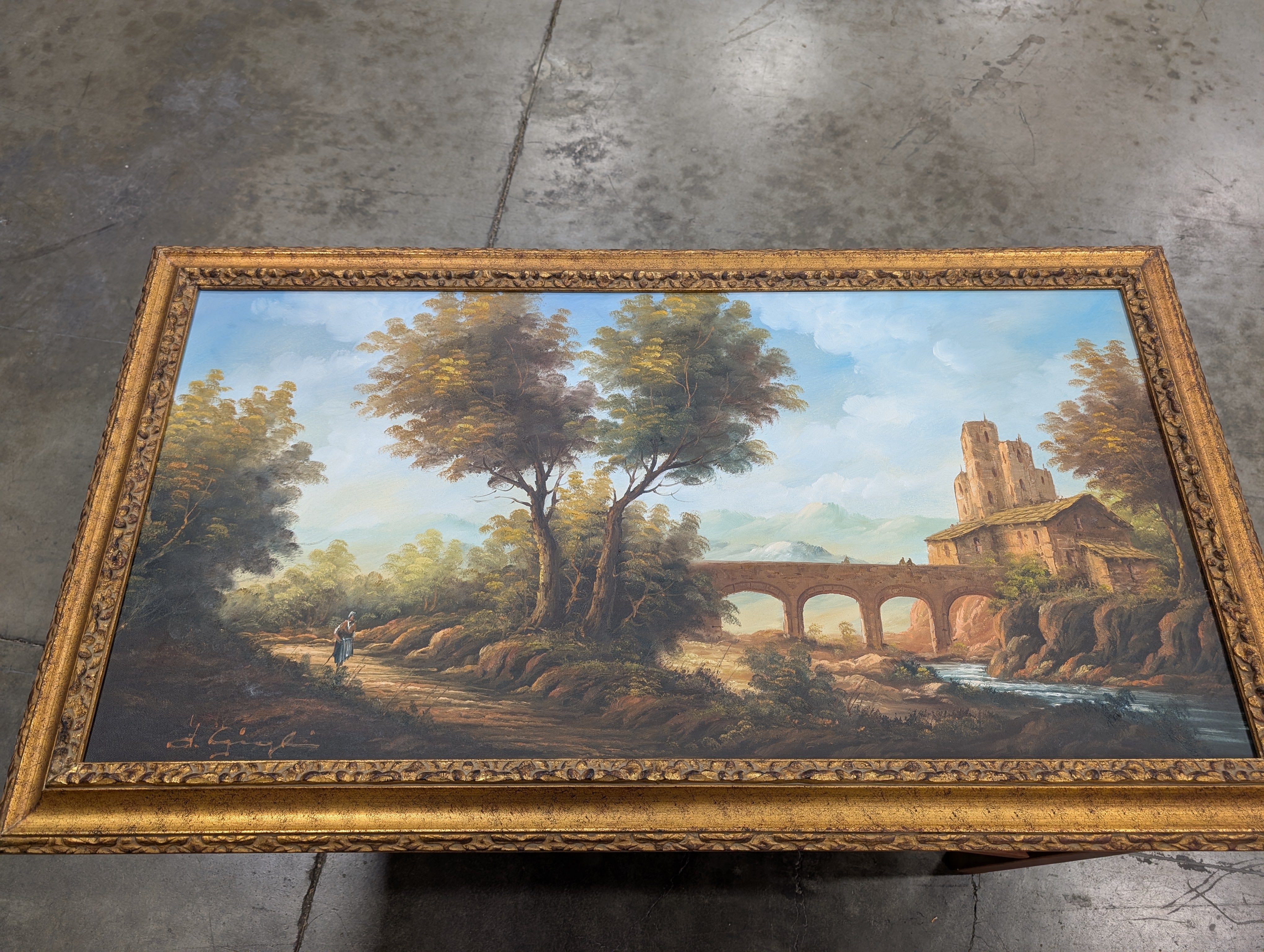 Large Ornate Gilded Frame Scenic Landscape Painting