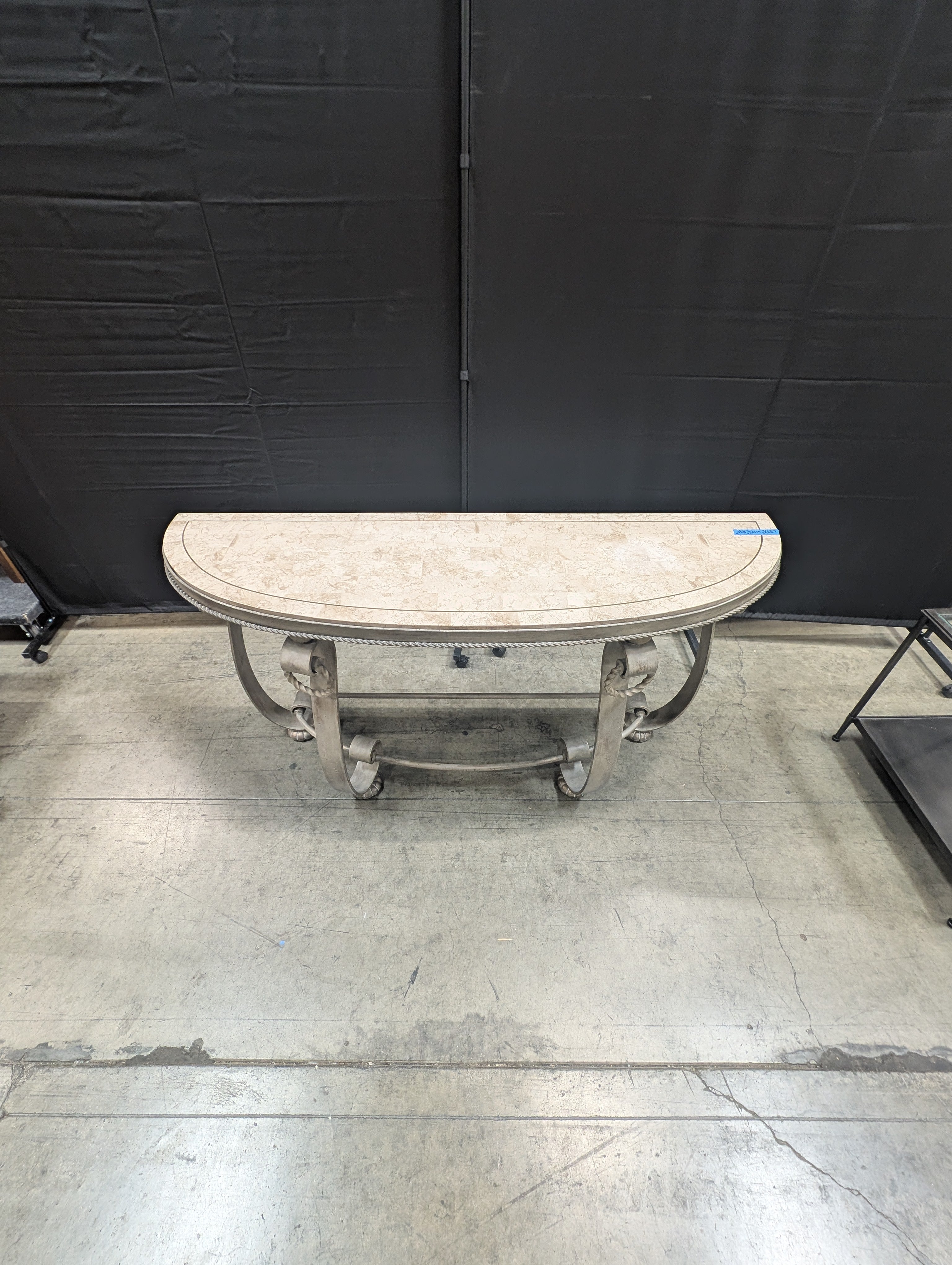 Demilune Console Table with Faux Stone Top and Scrollwork Metal Base