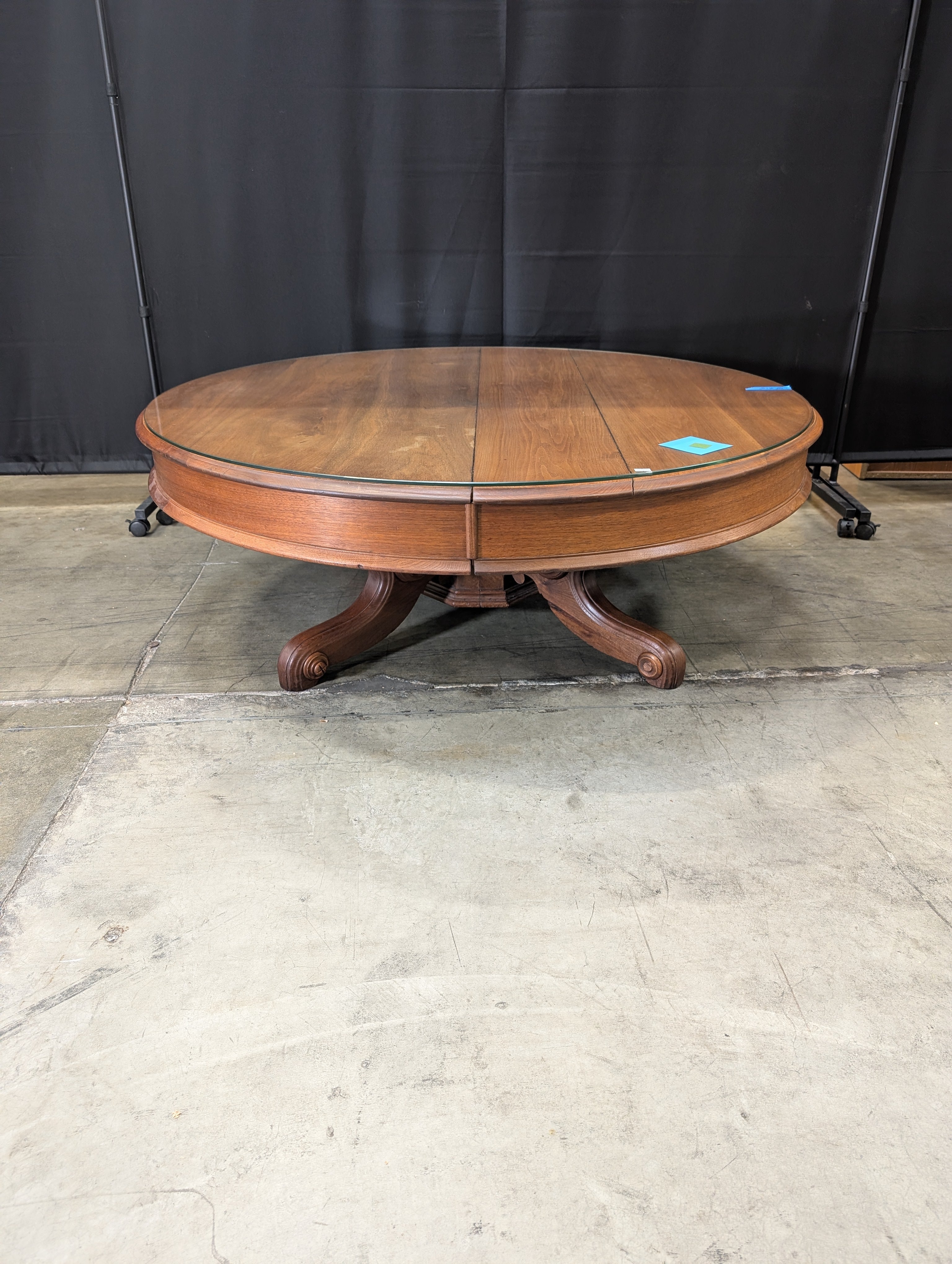 Modern Circular Wood Coffee Table with Protective Glass Surface