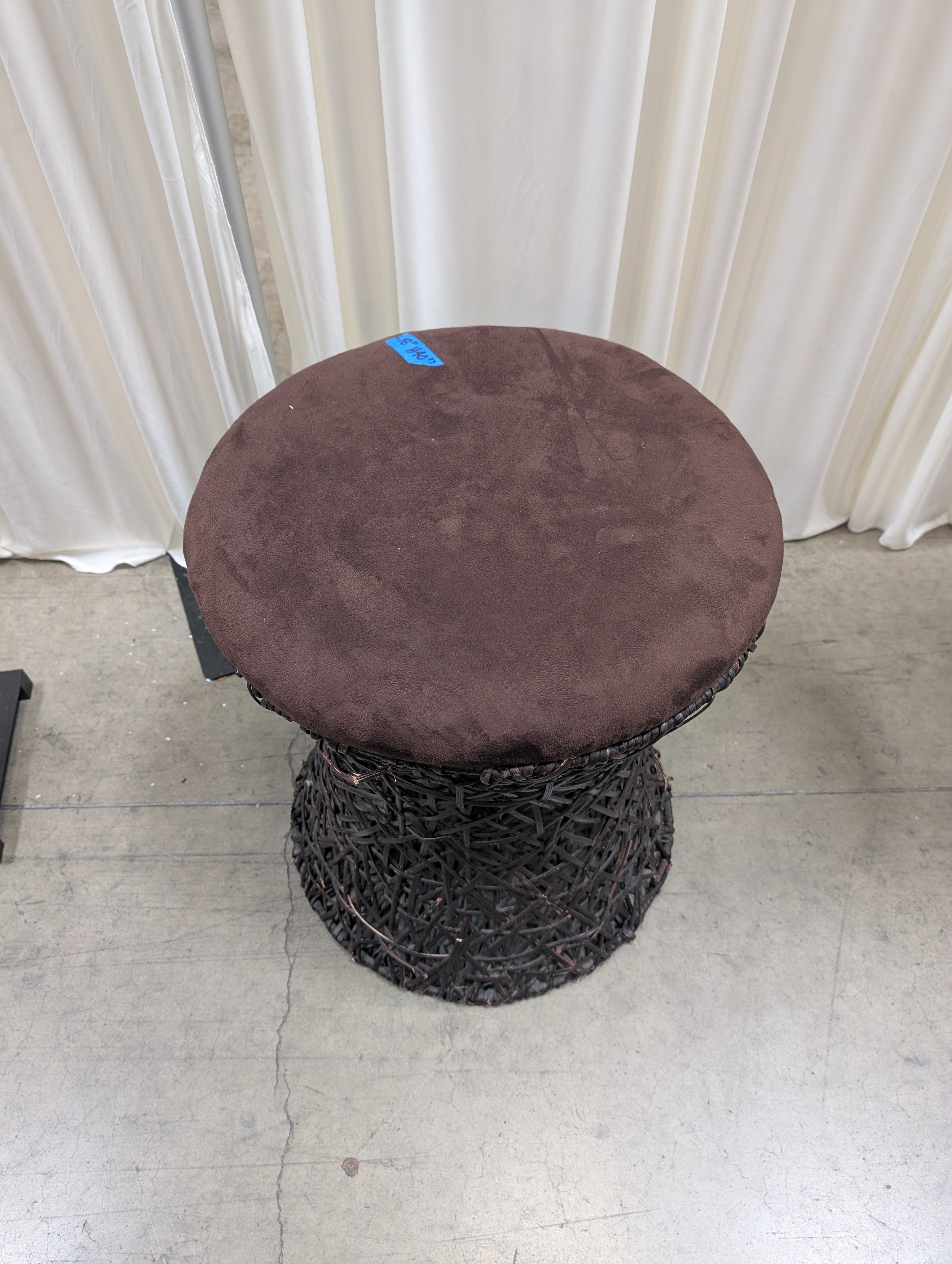 Round Velvet Ottoman with Woven Base