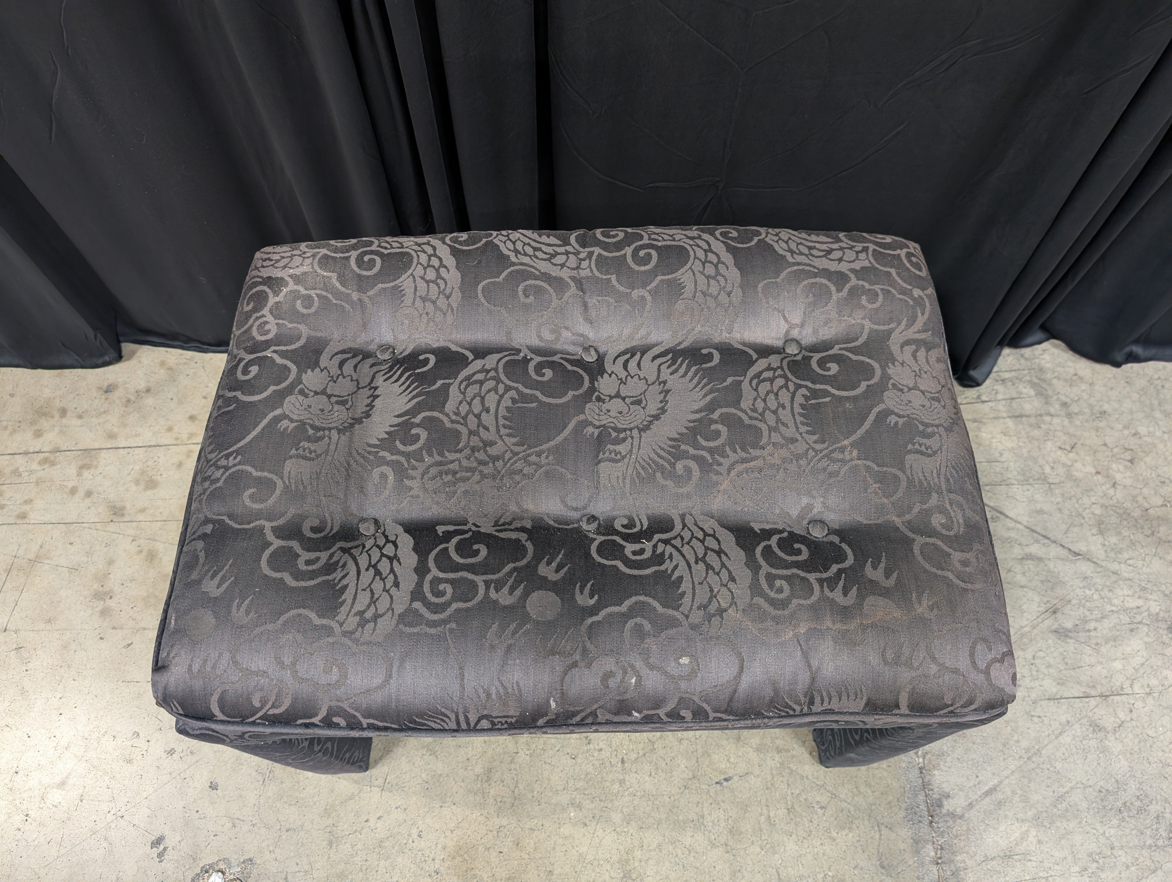 Patterned Dark Brown Fabric Ottoman with Tufted Cushion