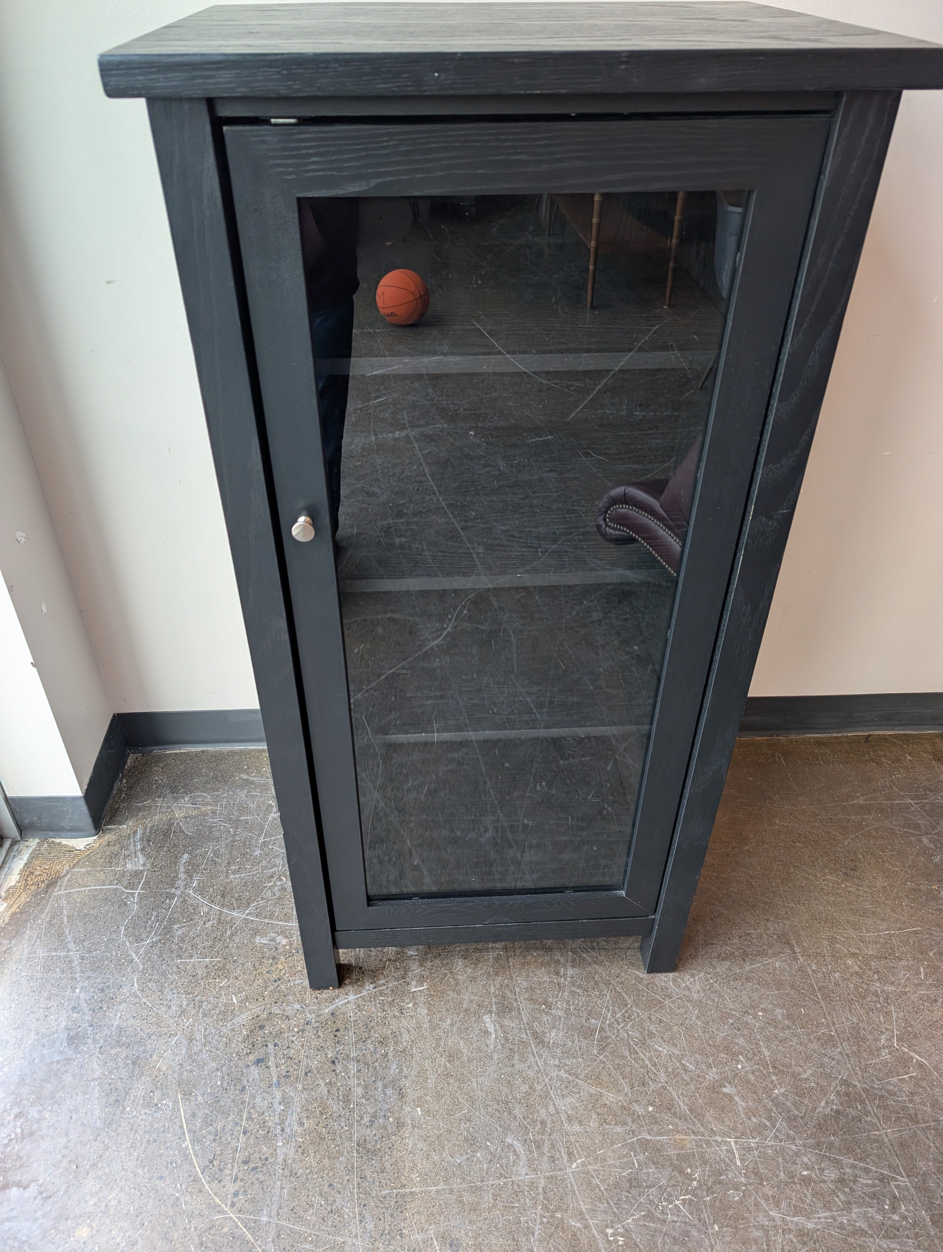 Functional Dark Wood Speaker Storage Cabinet with Glass Door