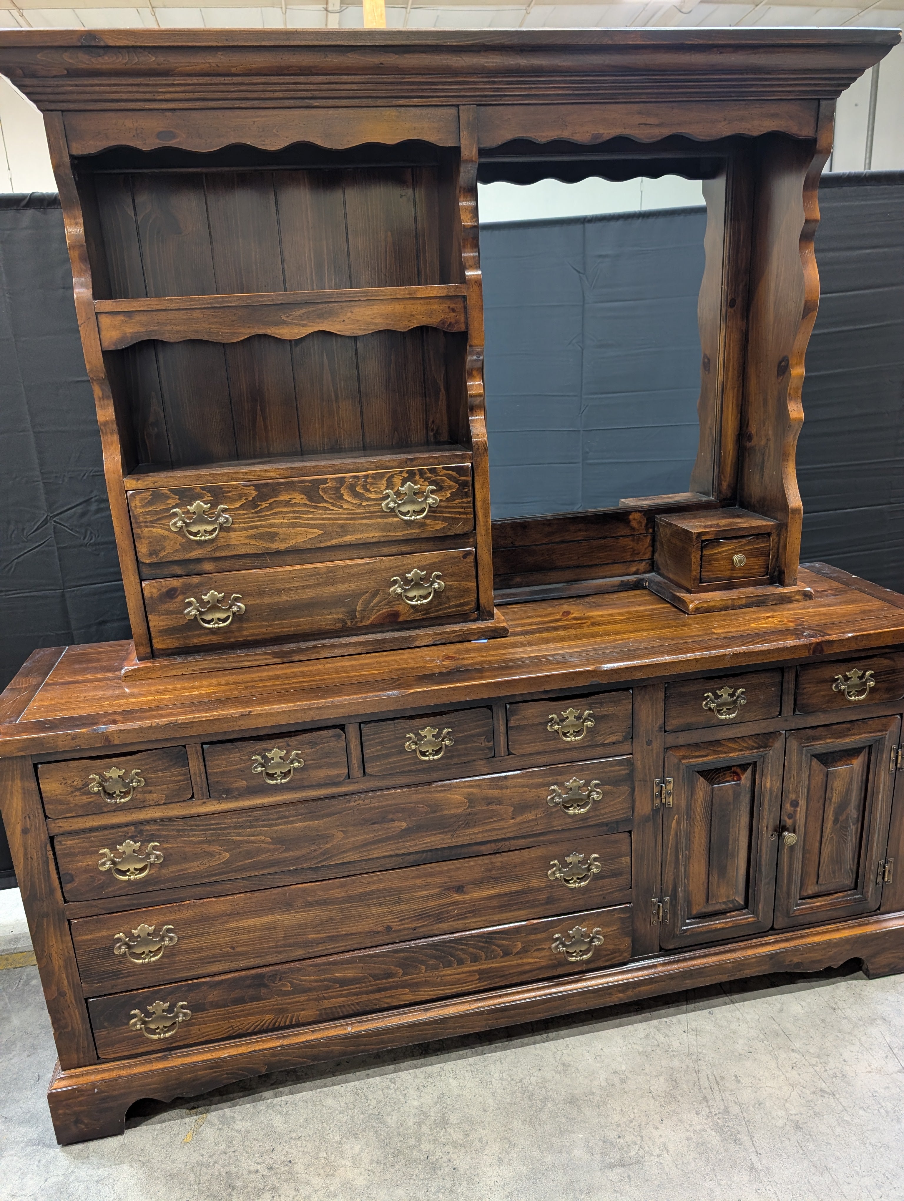 Sears Open Hearth Collection Dark Stained Wood Dresser with Hutch and Mirror