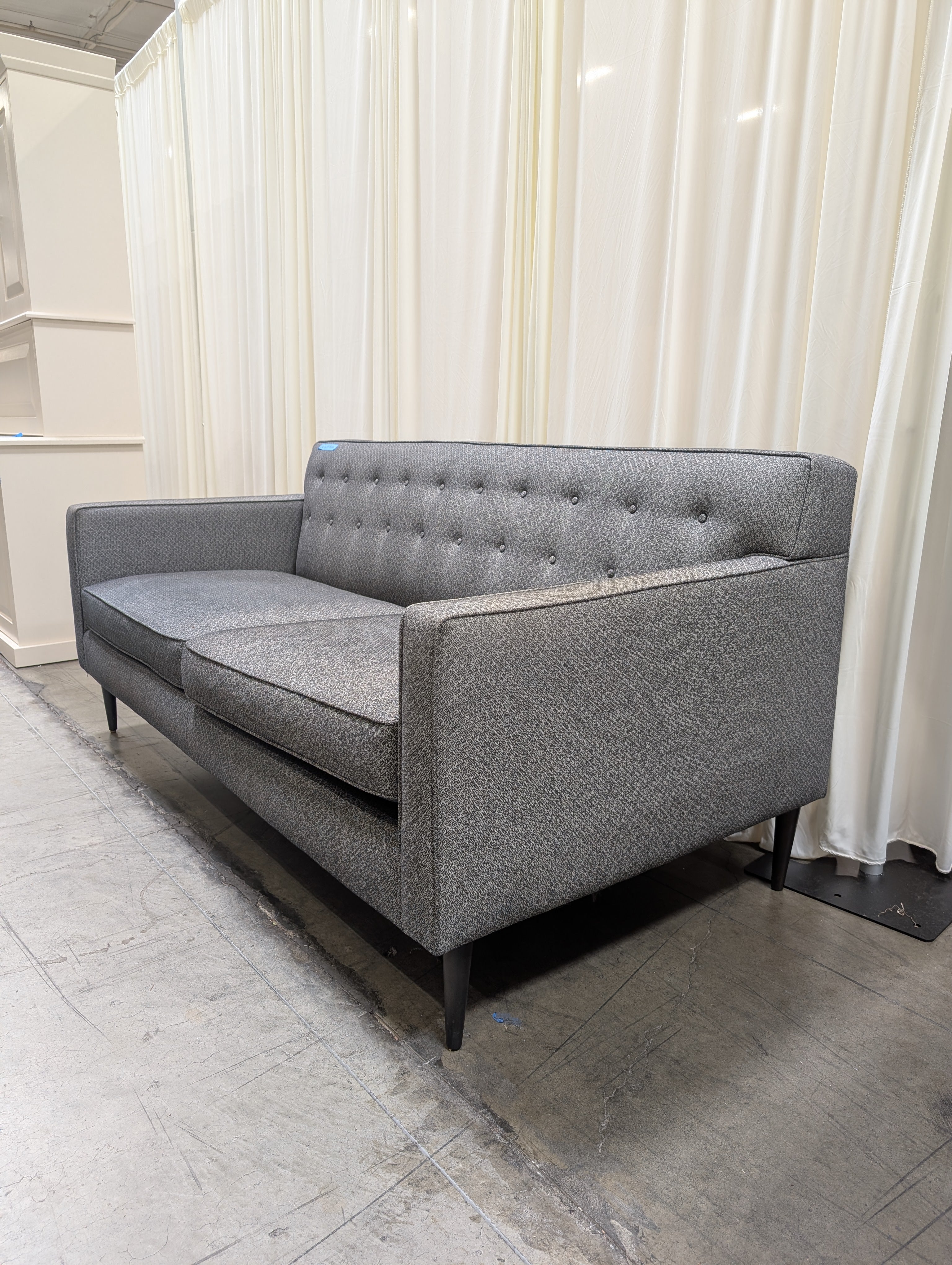 Room&Board Mid-Century Gray Patterned Couch with Button Tufting