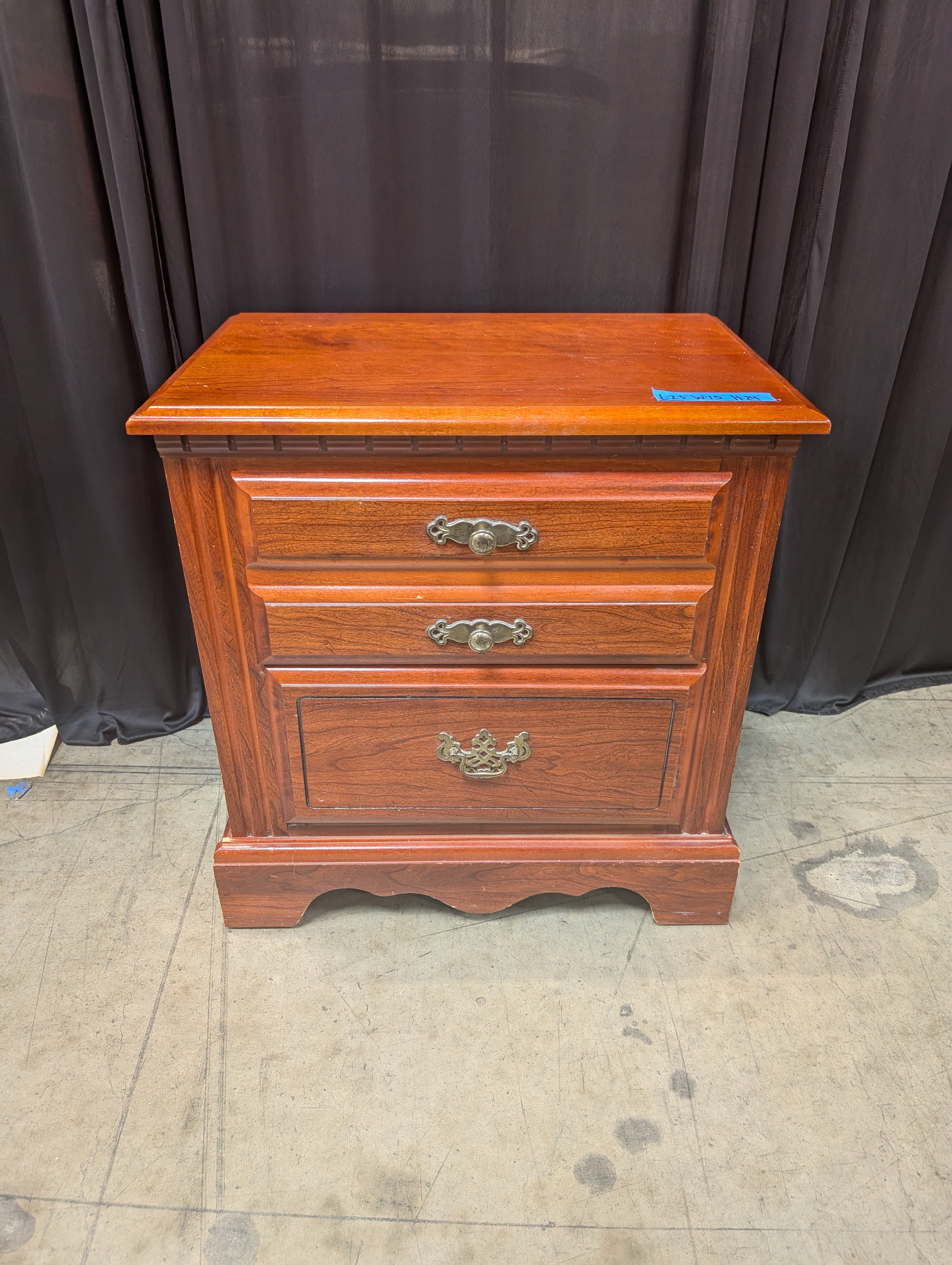 Traditional Three-Drawer Wood Nightstand with Brass Hardware