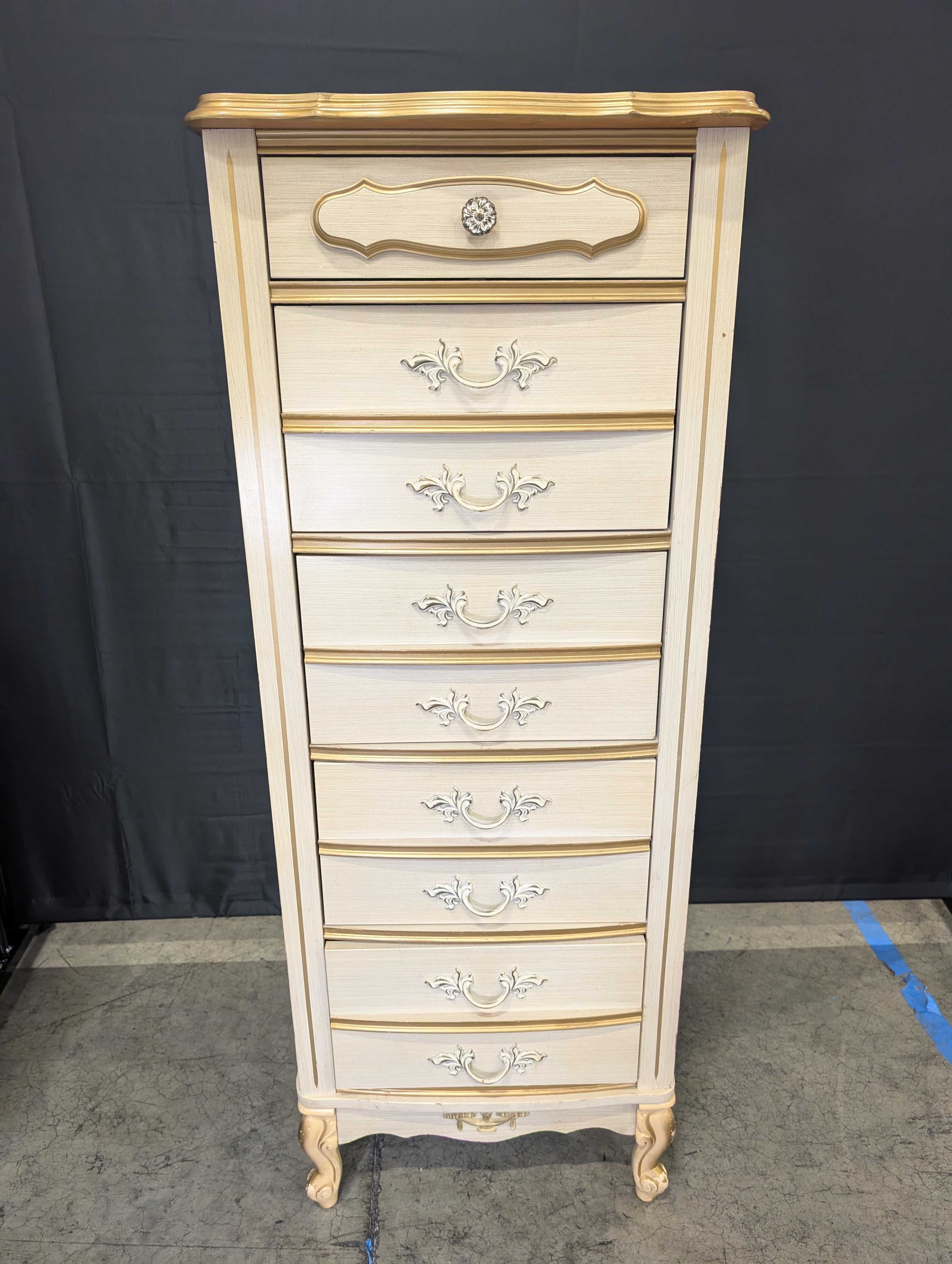 Vintage French Provincial Tall Chest of Drawers, Cream and Gilt Accents