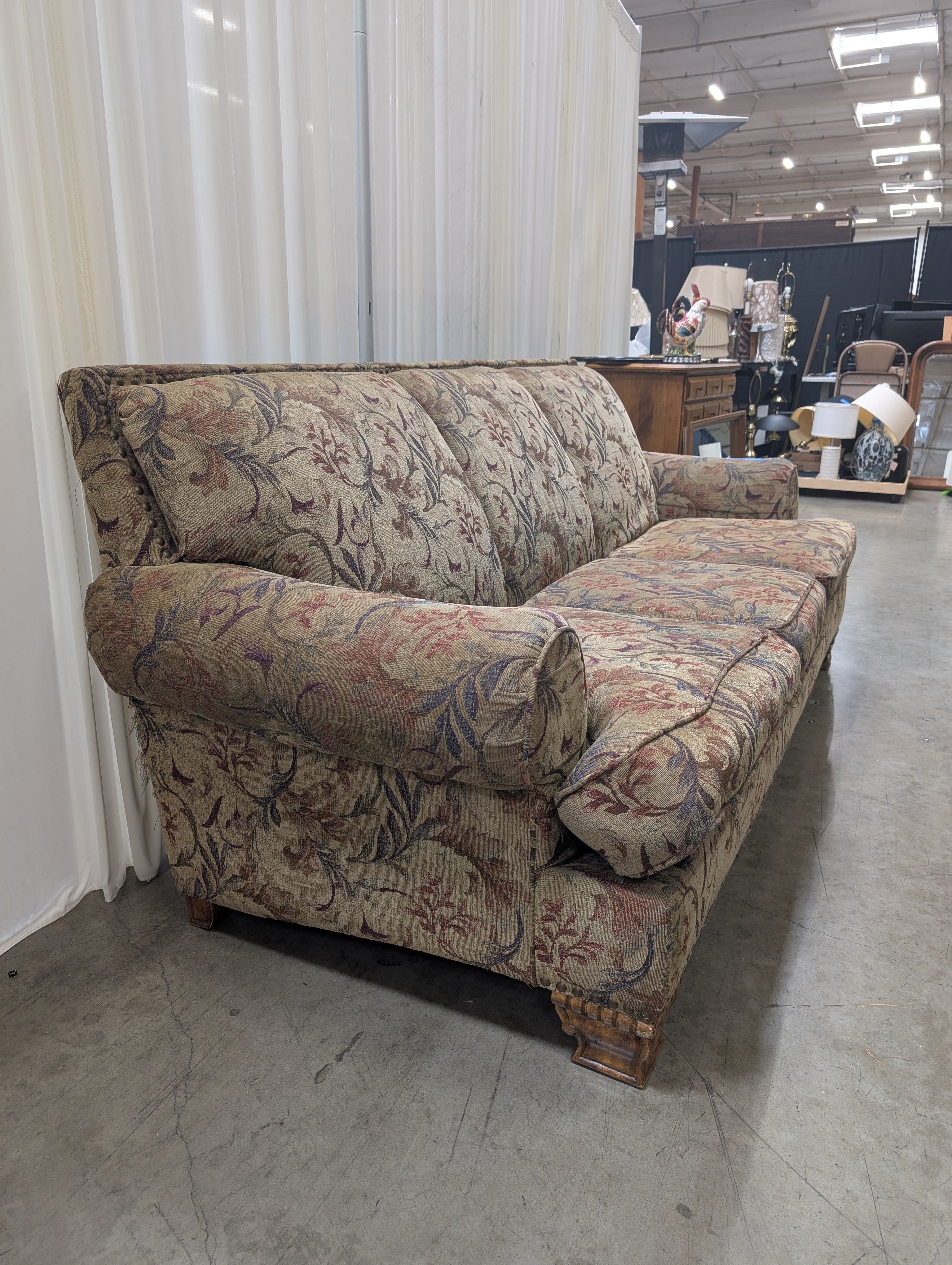 Traditional Patterned Fabric Rolled Arm Couch with Nailhead Trim